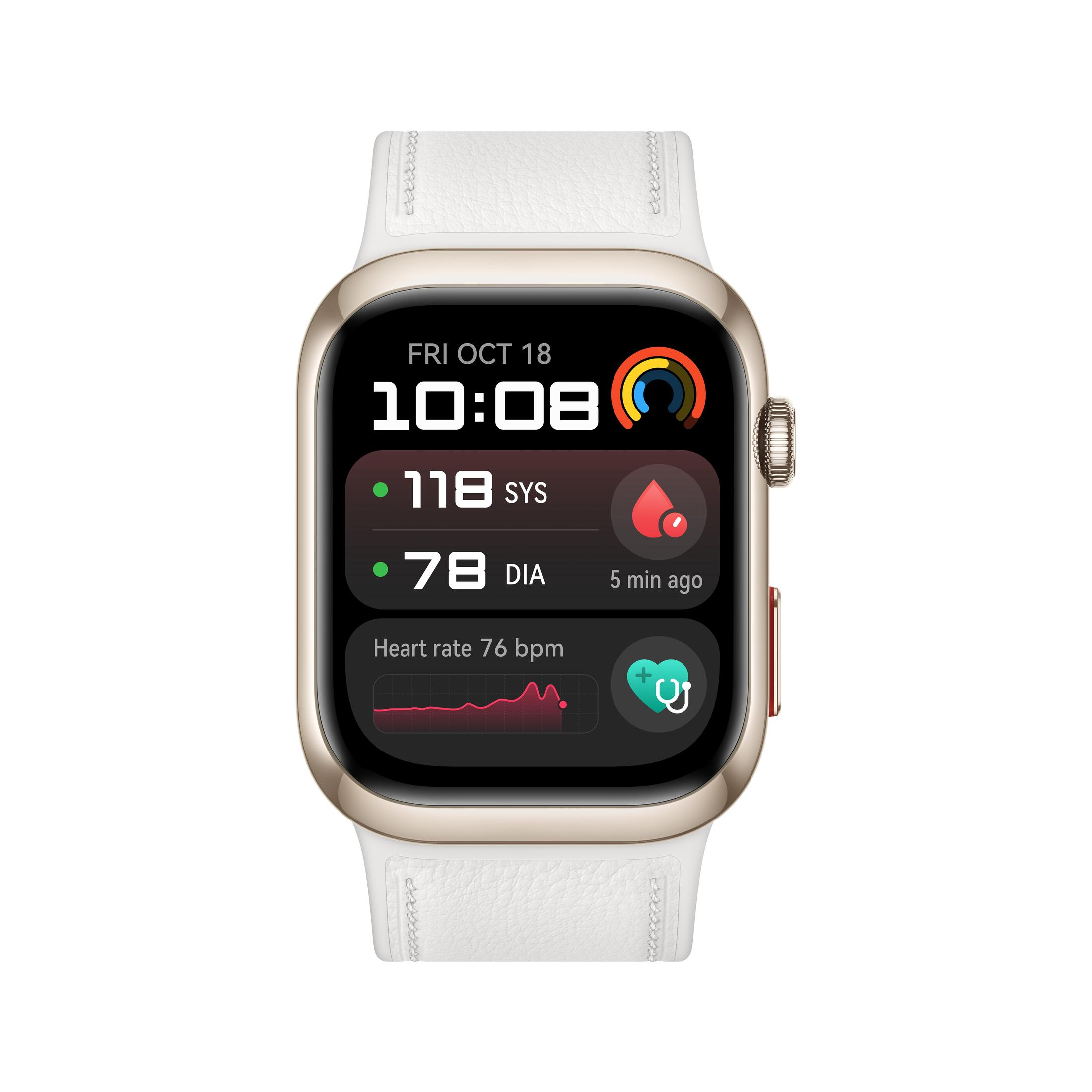 Smartwatch met een witte band, met datum, tijd en gezondheidsgegevens. Witte achtergrond.