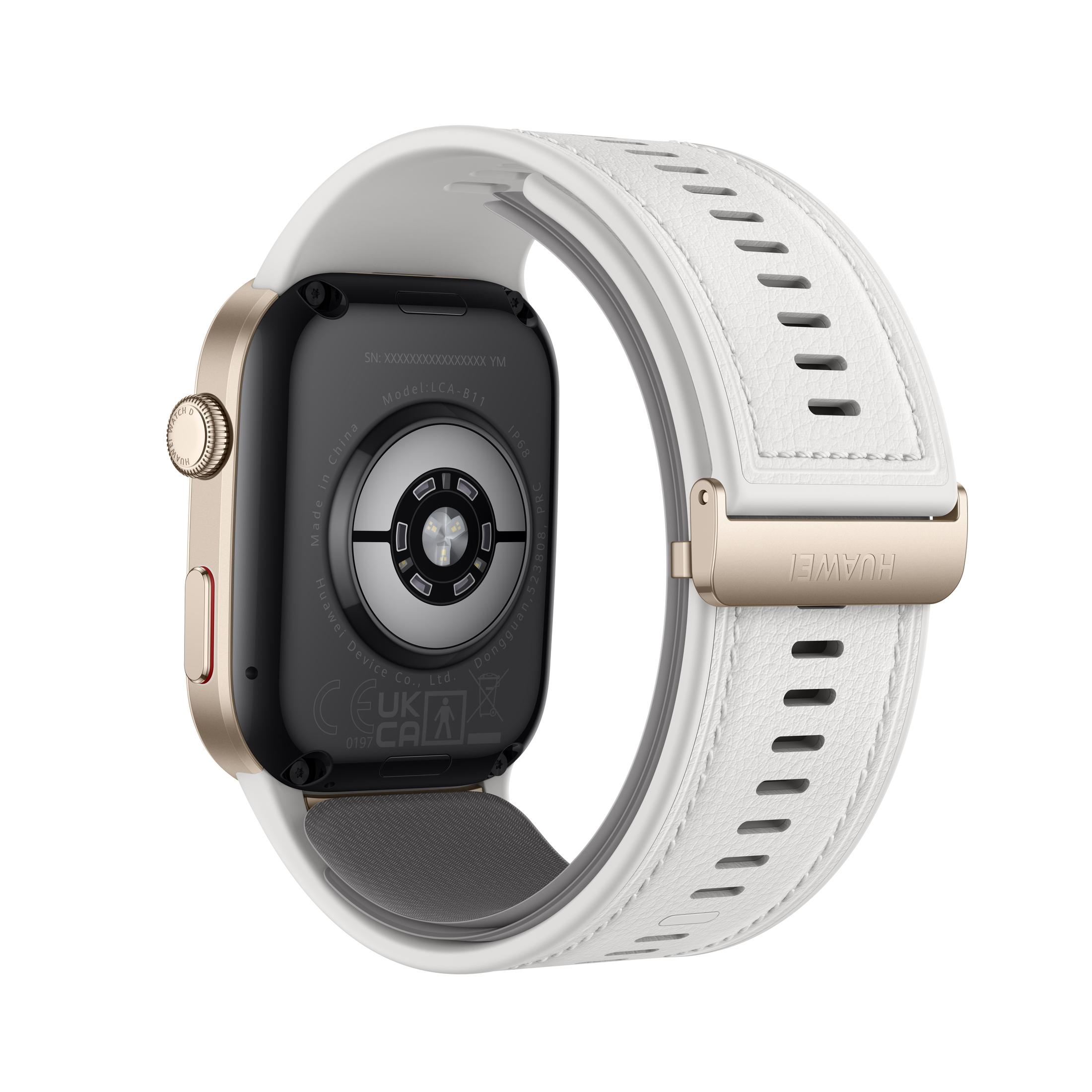 Een witte smartwatch met een gouden frame en een witte band, gezien van achteren, op een witte achtergrond.
