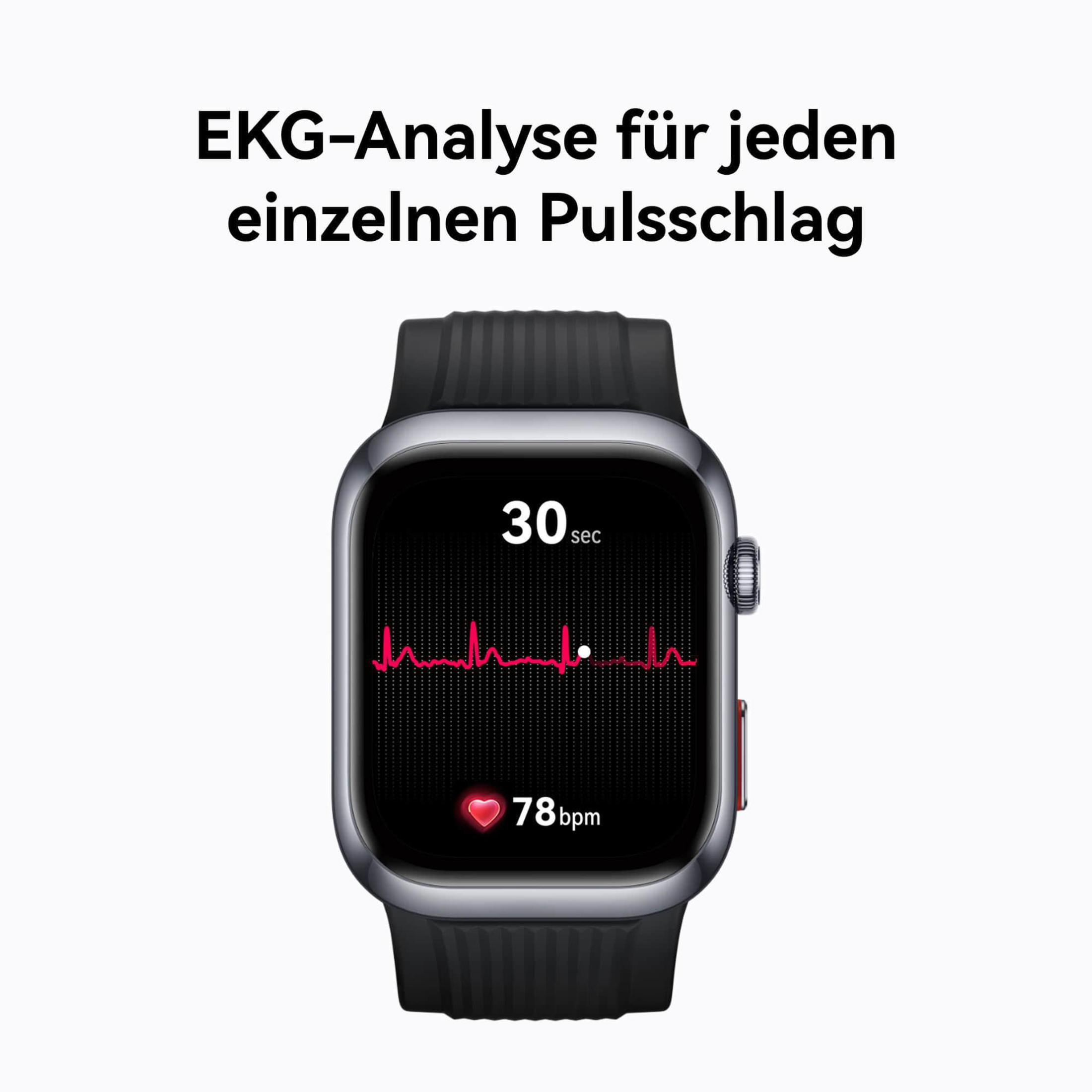 Smartwatch wyświetla wykres EKG z tętnem z tekstem '78 bpm' na białym tle.