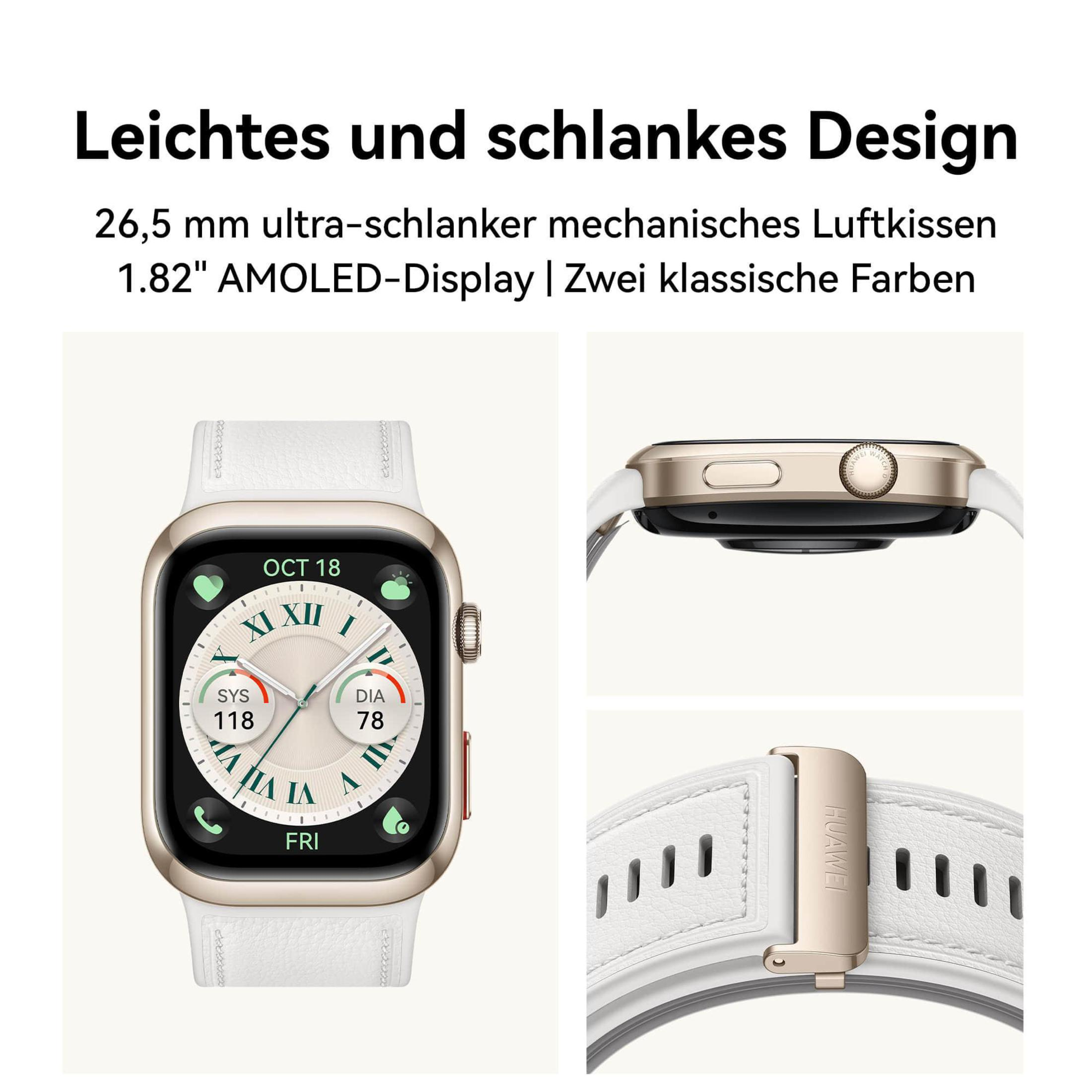 Biały smartwatch ze złotymi akcentami; zbliżenia paska i tarczy zegarka.