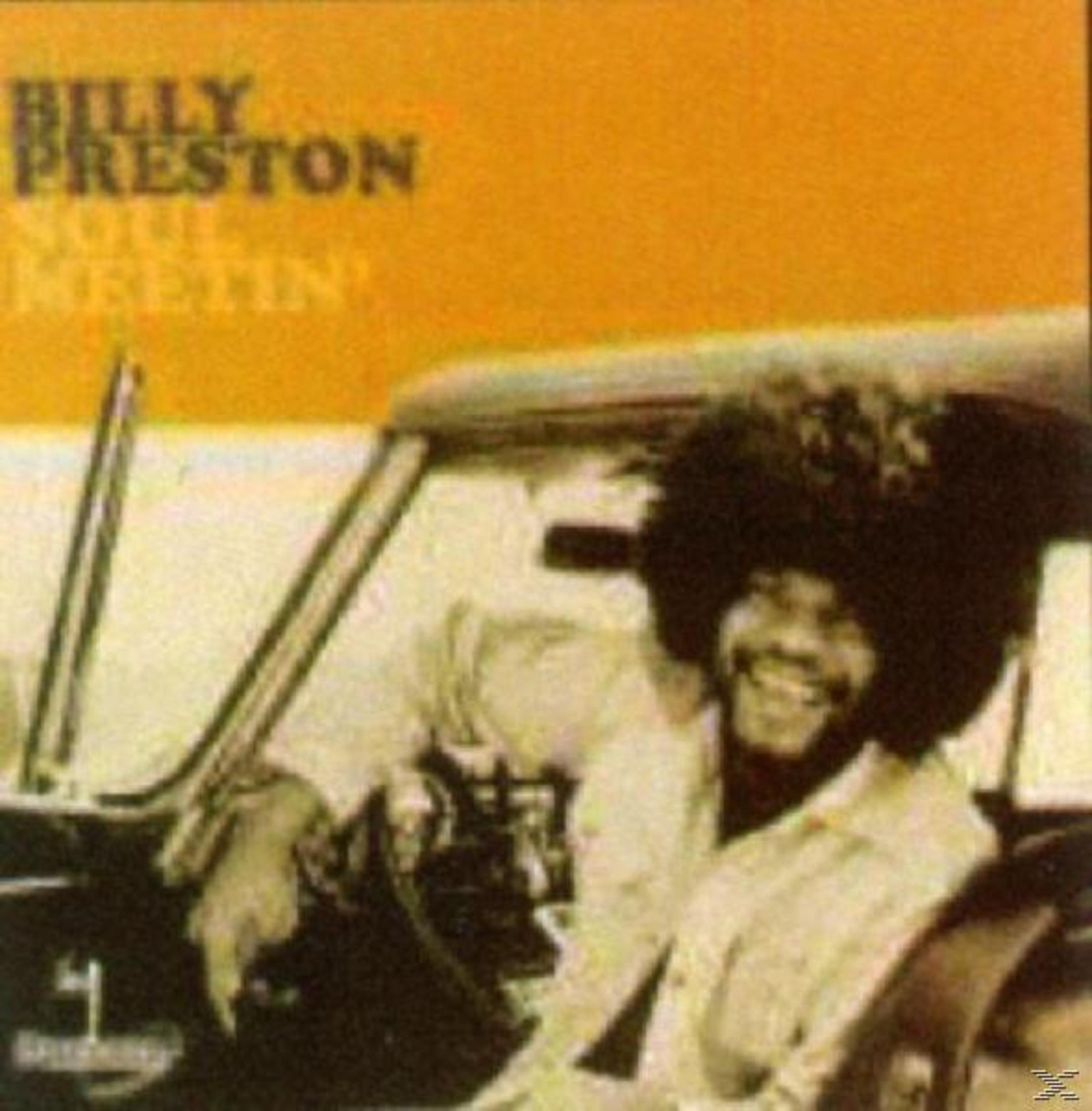 Pochette d'album. Billy Preston dans une voiture, souriant, avec une afro. Fond orange avec 'SOUL MEETHIN'.