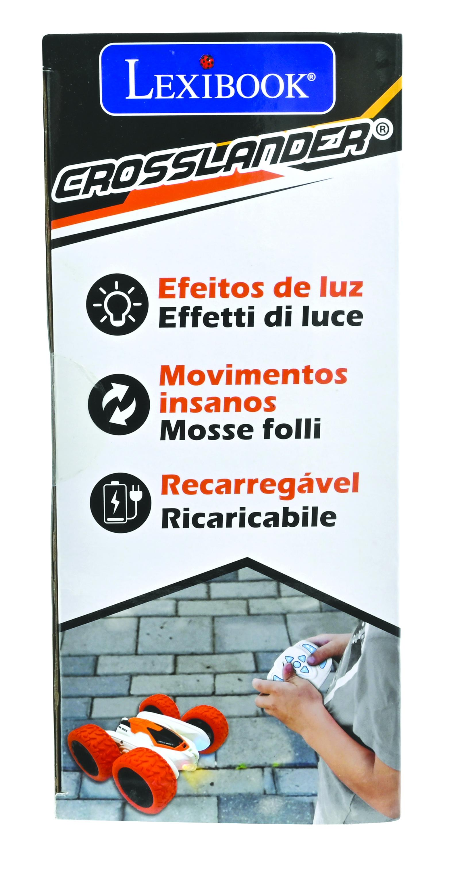 Caja de un coche de juguete Lexibook Crosslander, con efectos de luz, movimientos locos y recargable.
