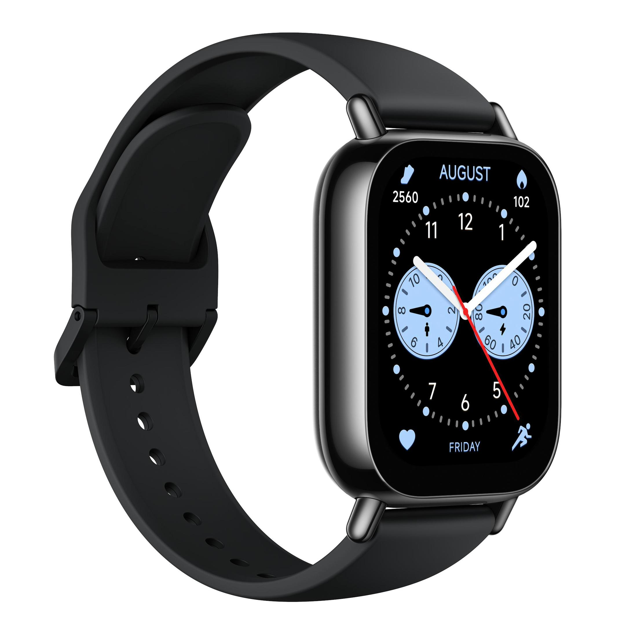 Eine schwarze Smartwatch mit schwarzem Armband, zeigt Uhrzeit und Datum.
