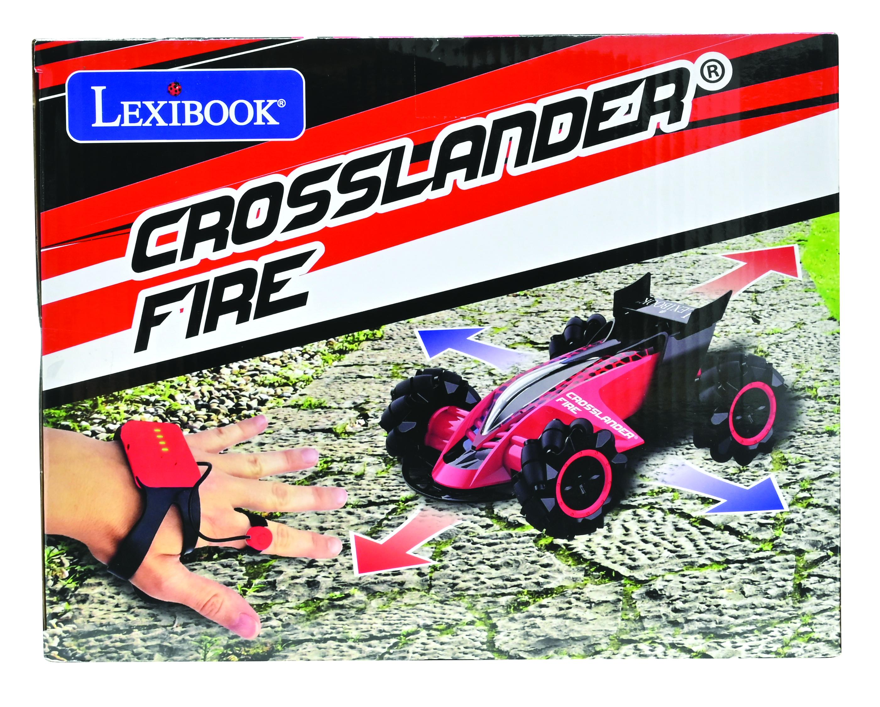Coche de juguete Crosslander Fire en caja. Muestra el mando a distancia en la muñeca y el coche con flechas.