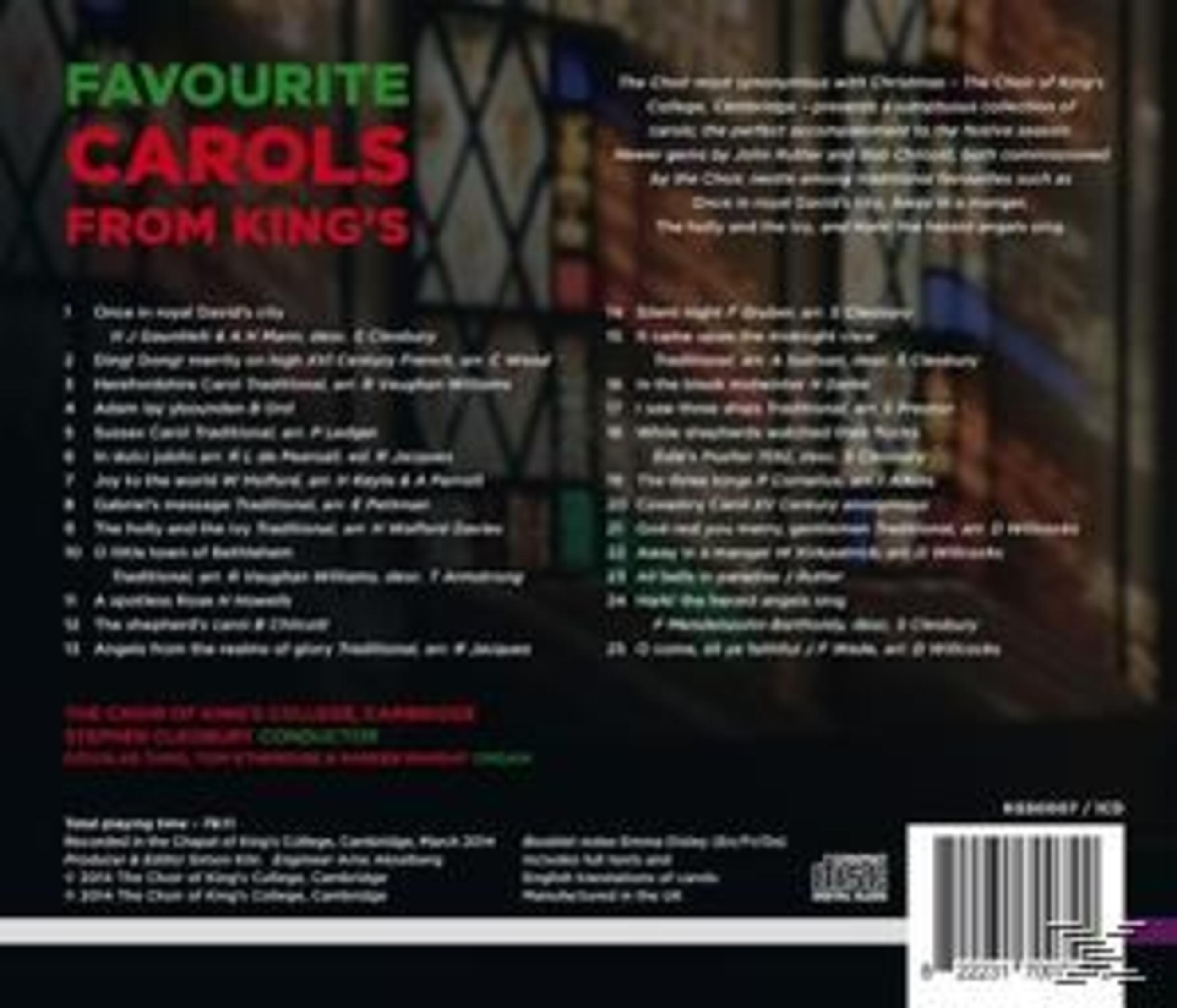 Pochette d'album. Arrière d'un boîtier de CD avec texte listant les chants de Noël et les crédits. Texte vert et rouge.
