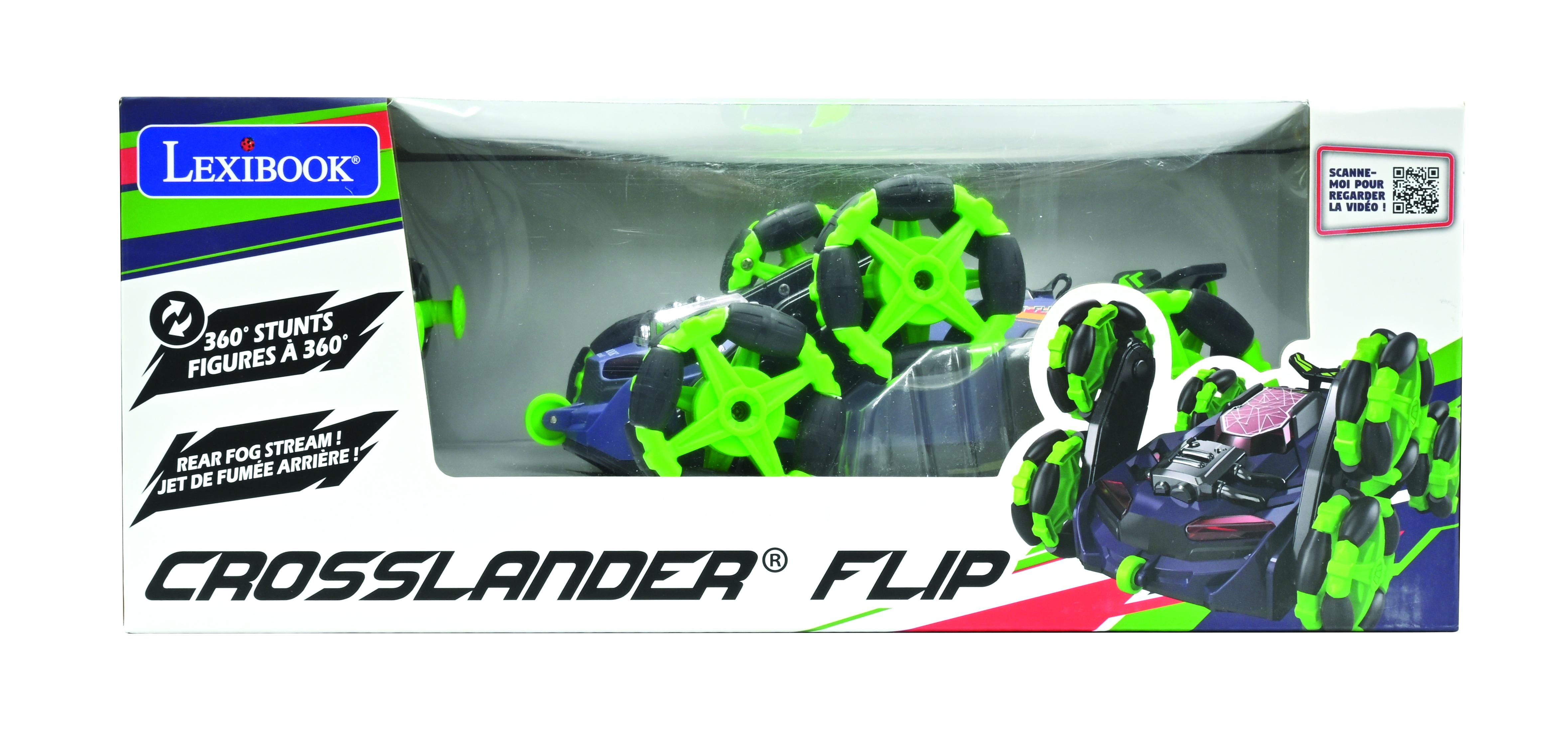 Coche de juguete en una caja, verde y azul, con escritura, incluyendo 'CROSSLANDER FLIP' y 'Lexibook'.