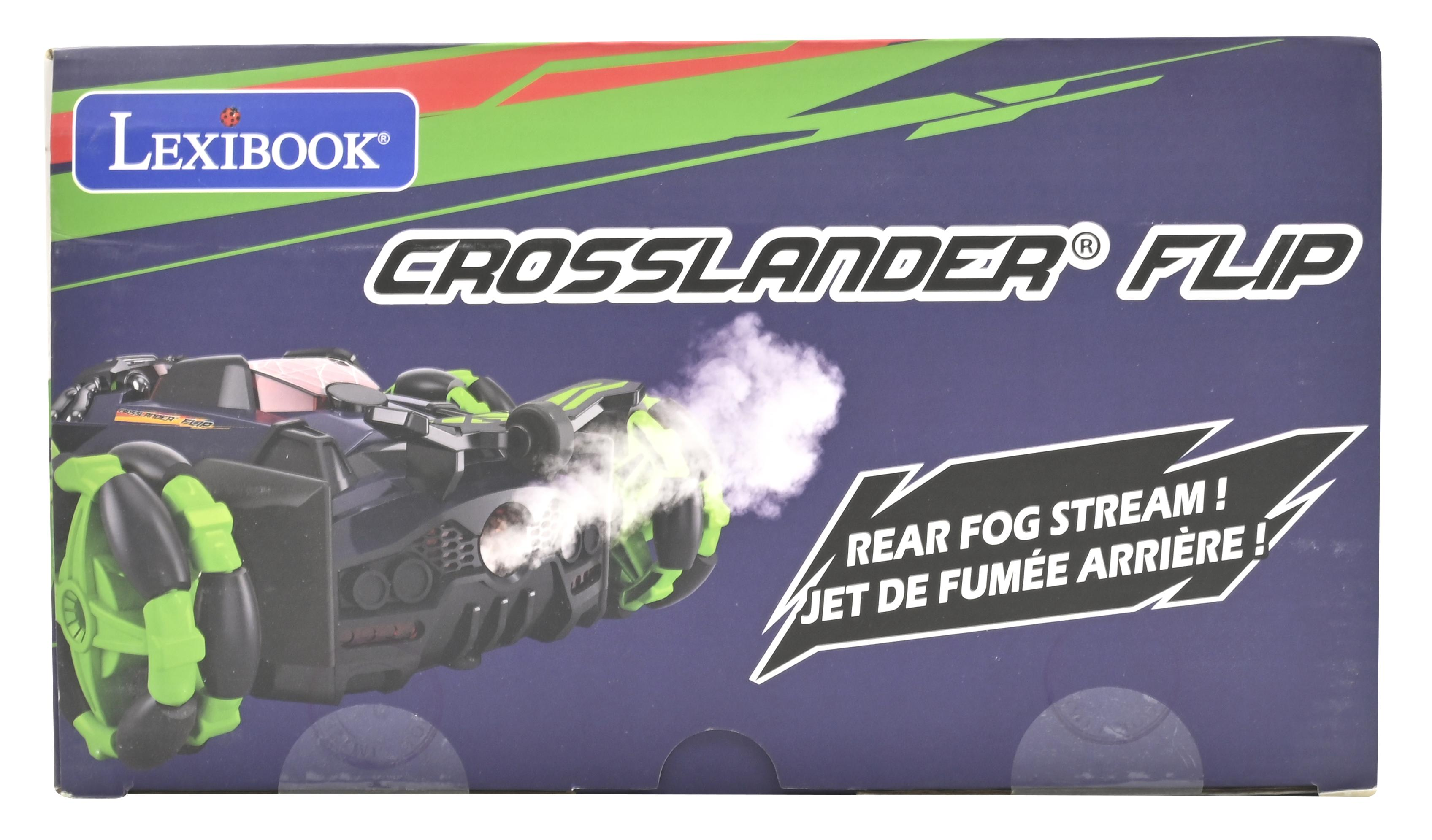 Una caja para un coche de juguete, mostrando el coche con efectos de humo y texto: CROSSLANDER FLIP.