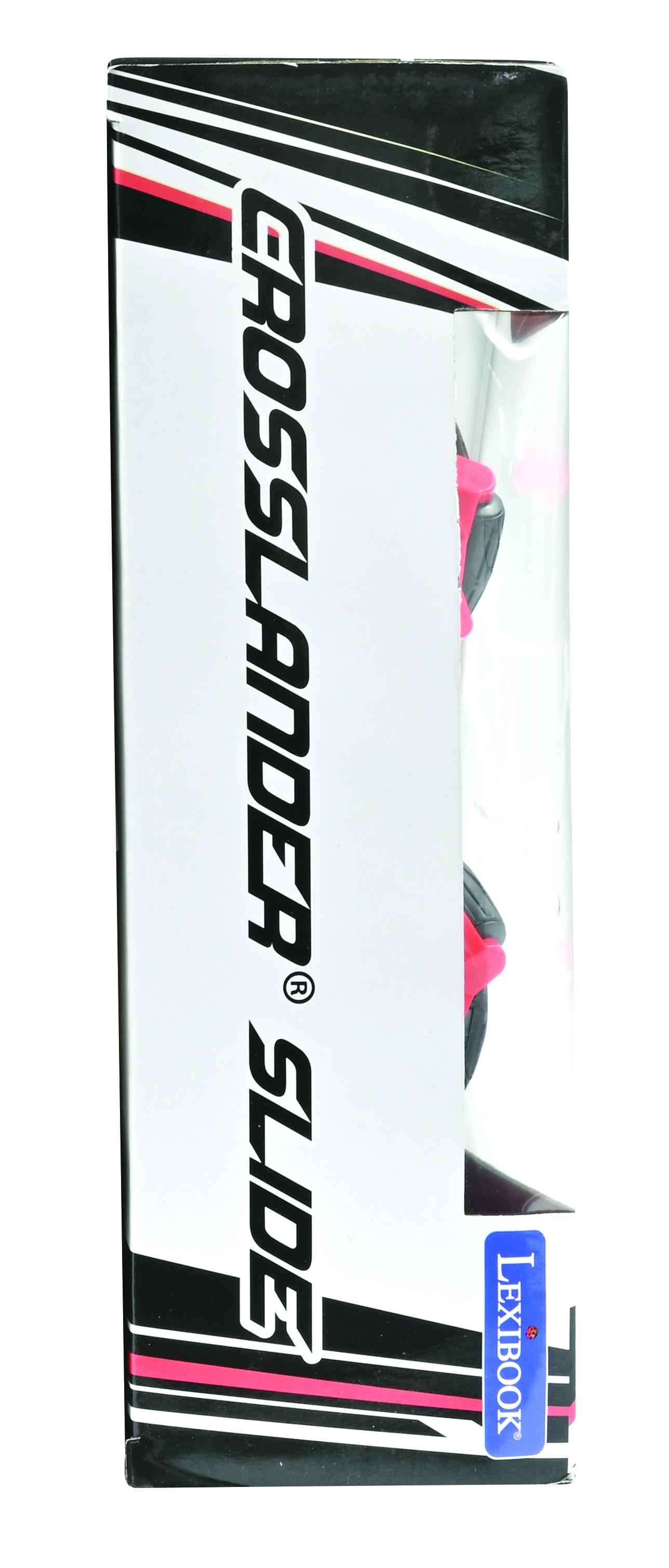 Vista lateral de la caja con texto 'CROSSLANDER SLIDE'. Diseño rosa y negro, detalles del producto.
