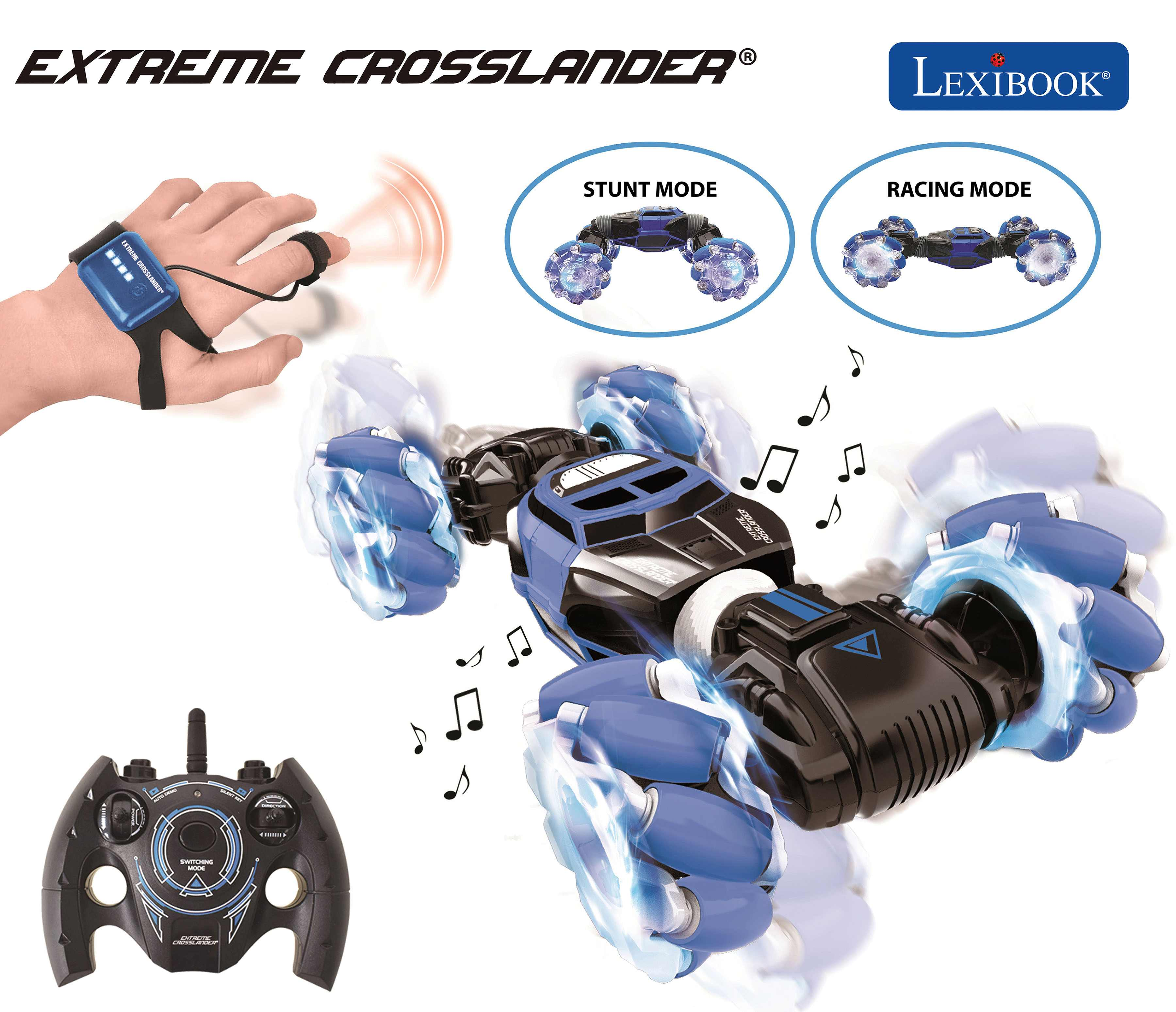 Un coche teledirigido con modo acrobacias y carreras, y un controlador de pulsera.
