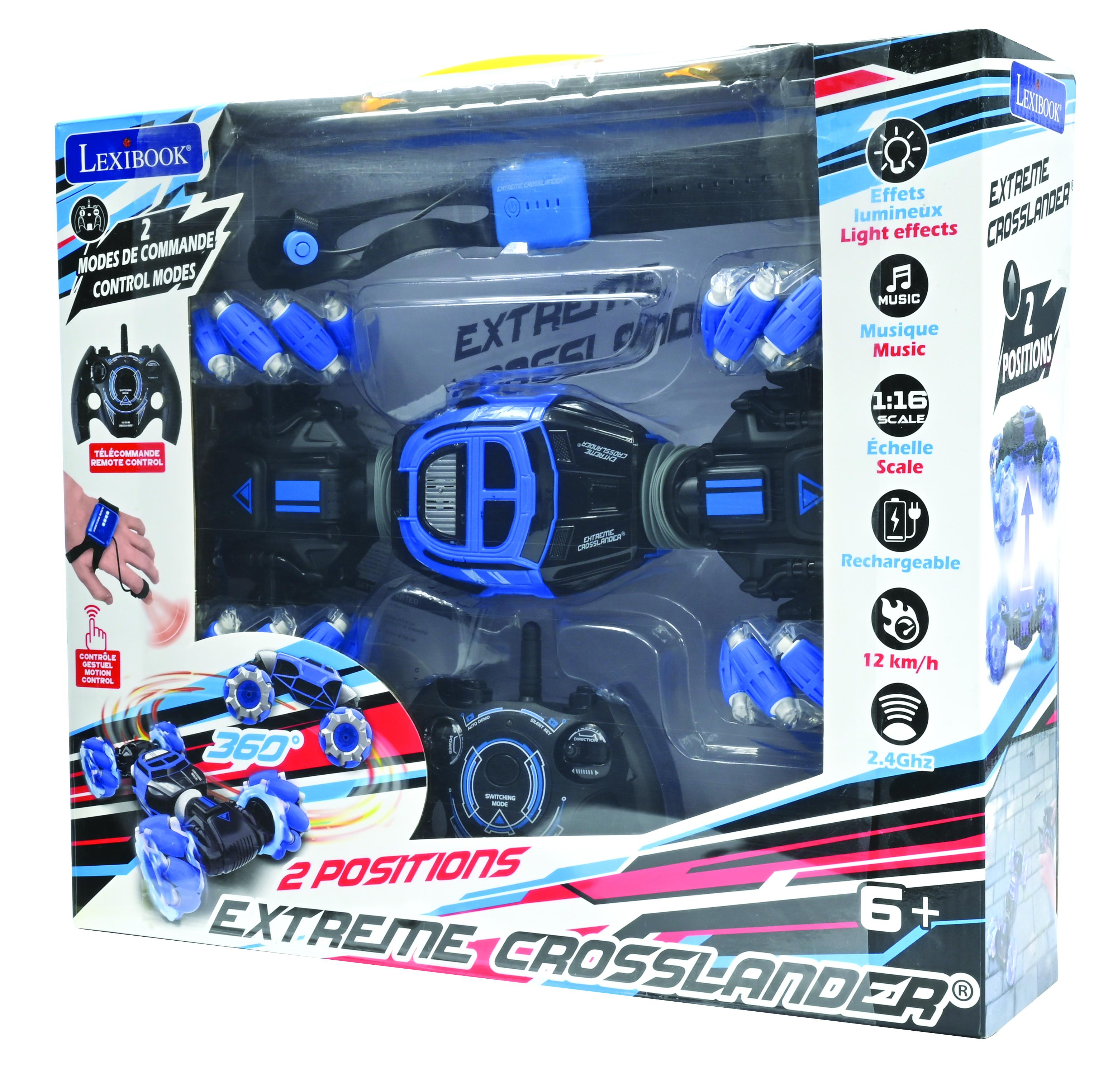 Un coche de juguete en una caja. El coche es azul y negro. Texto en la caja: EXTREME CROSSLANDER, 2 posiciones.