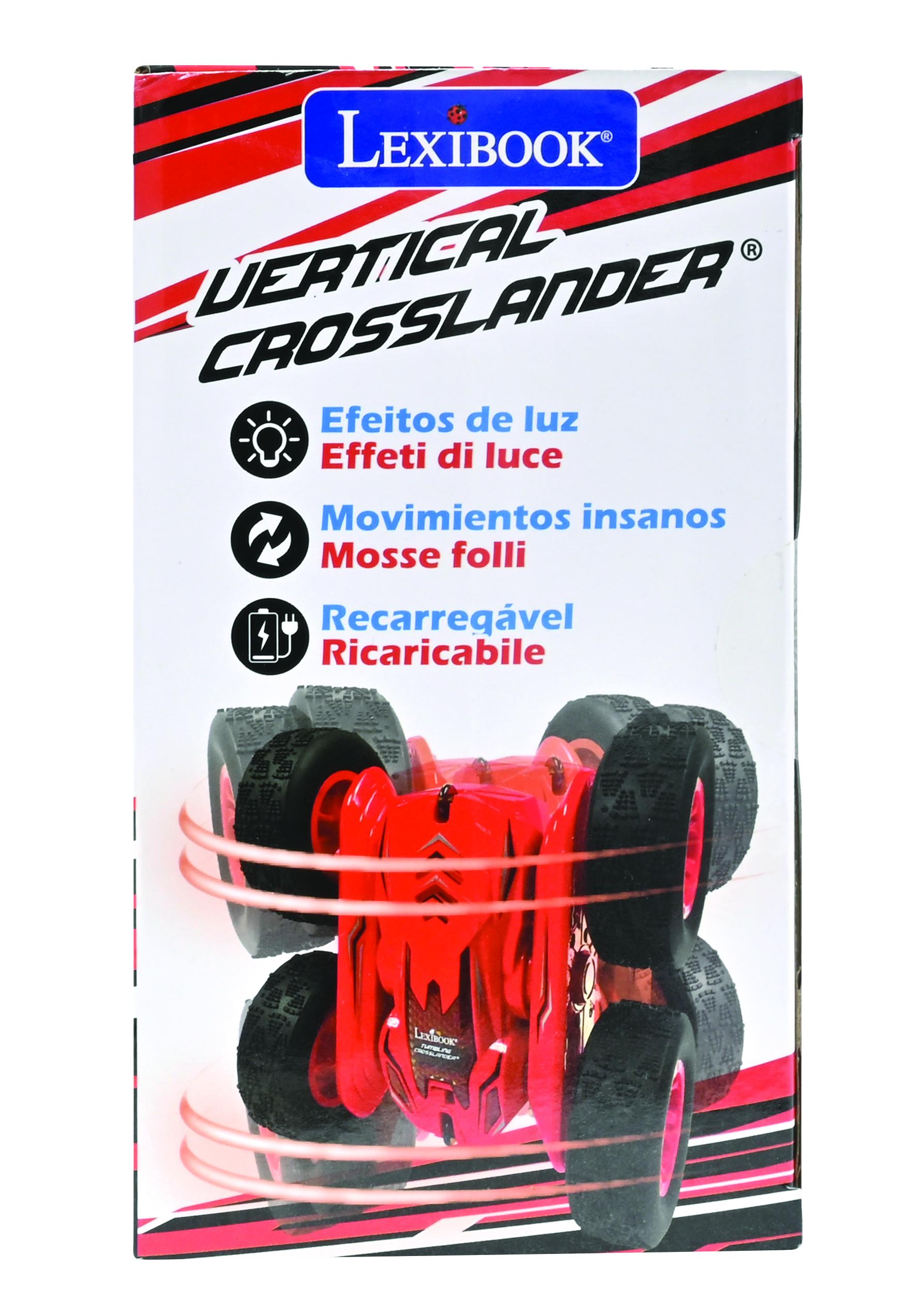 Caja de coche de juguete con un coche rojo sobre un fondo blanco. El texto incluye "Lexibook" y características como efectos de luz.