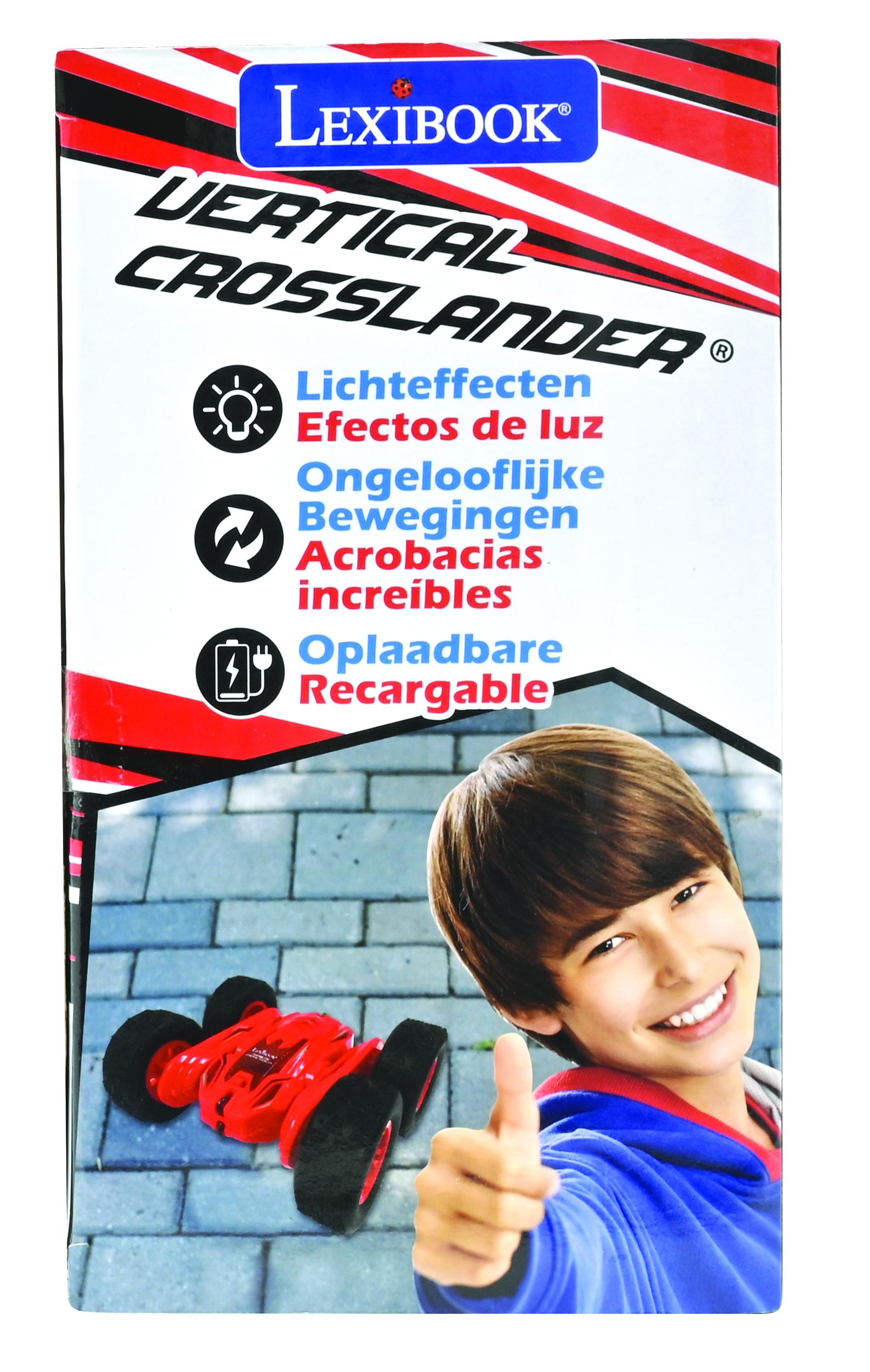 Caja con un coche de juguete y un niño sonriente que levanta el pulgar. Texto: Vertical Crosslander.