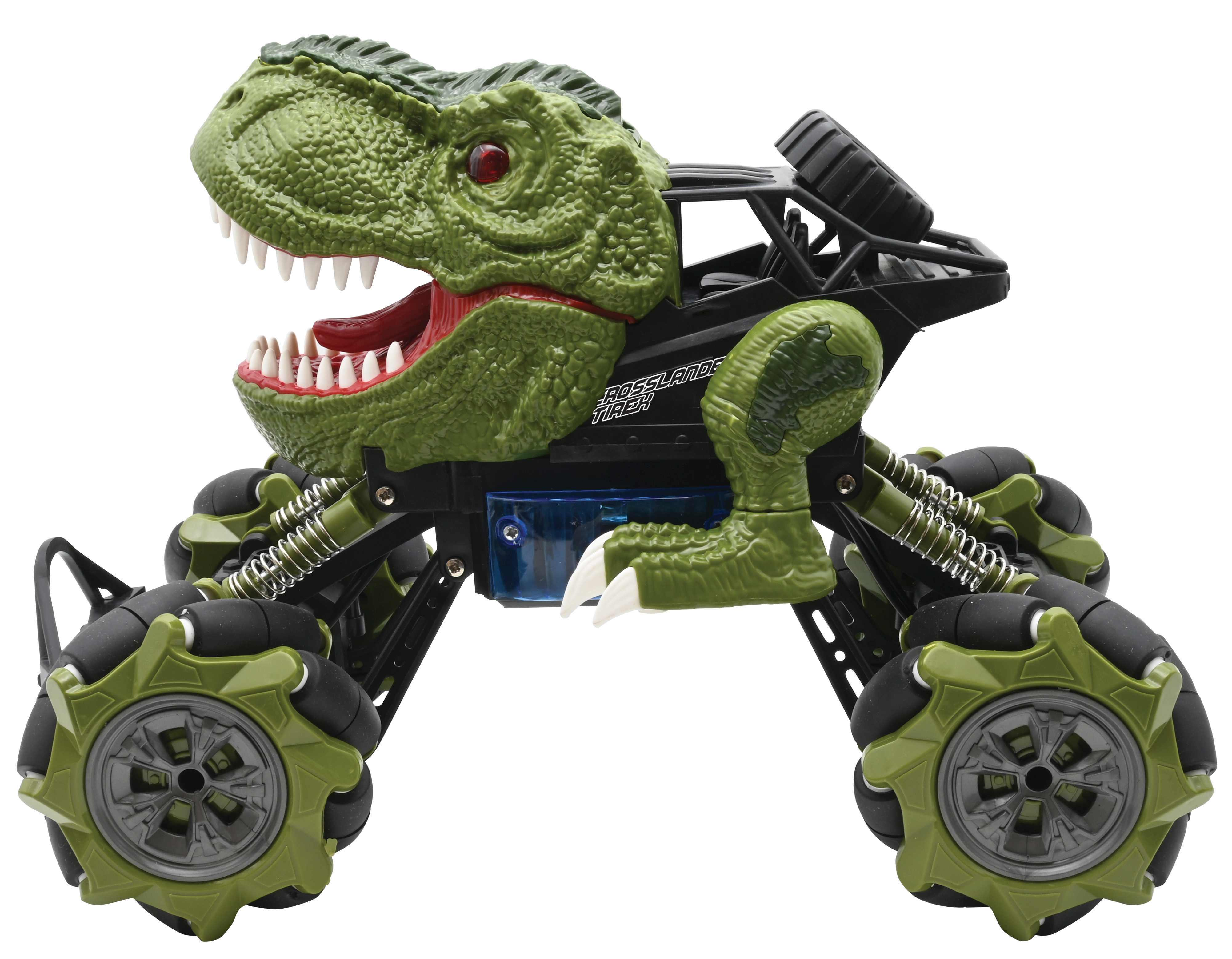Coche de dinosaurio de juguete verde y negro con ruedas grandes. Tiene una cabeza de dinosaurio encima.