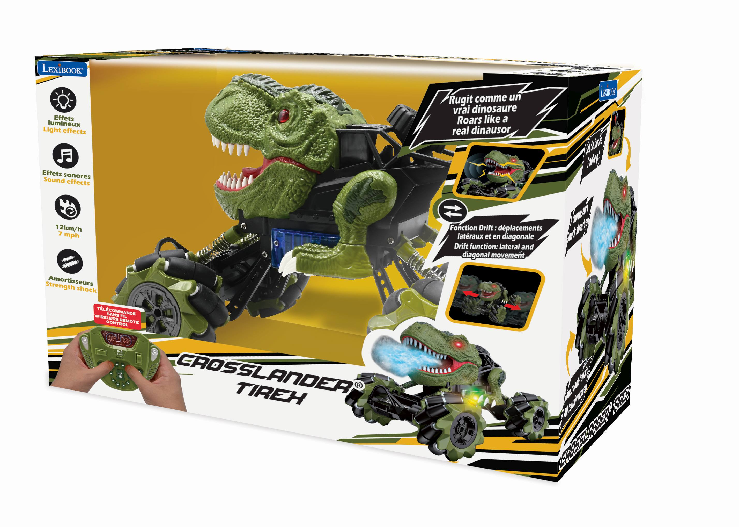 Dinosaurio de juguete verde en caja sobre una motocicleta, etiquetado como Crosslander Tirex. Se ve un control remoto.