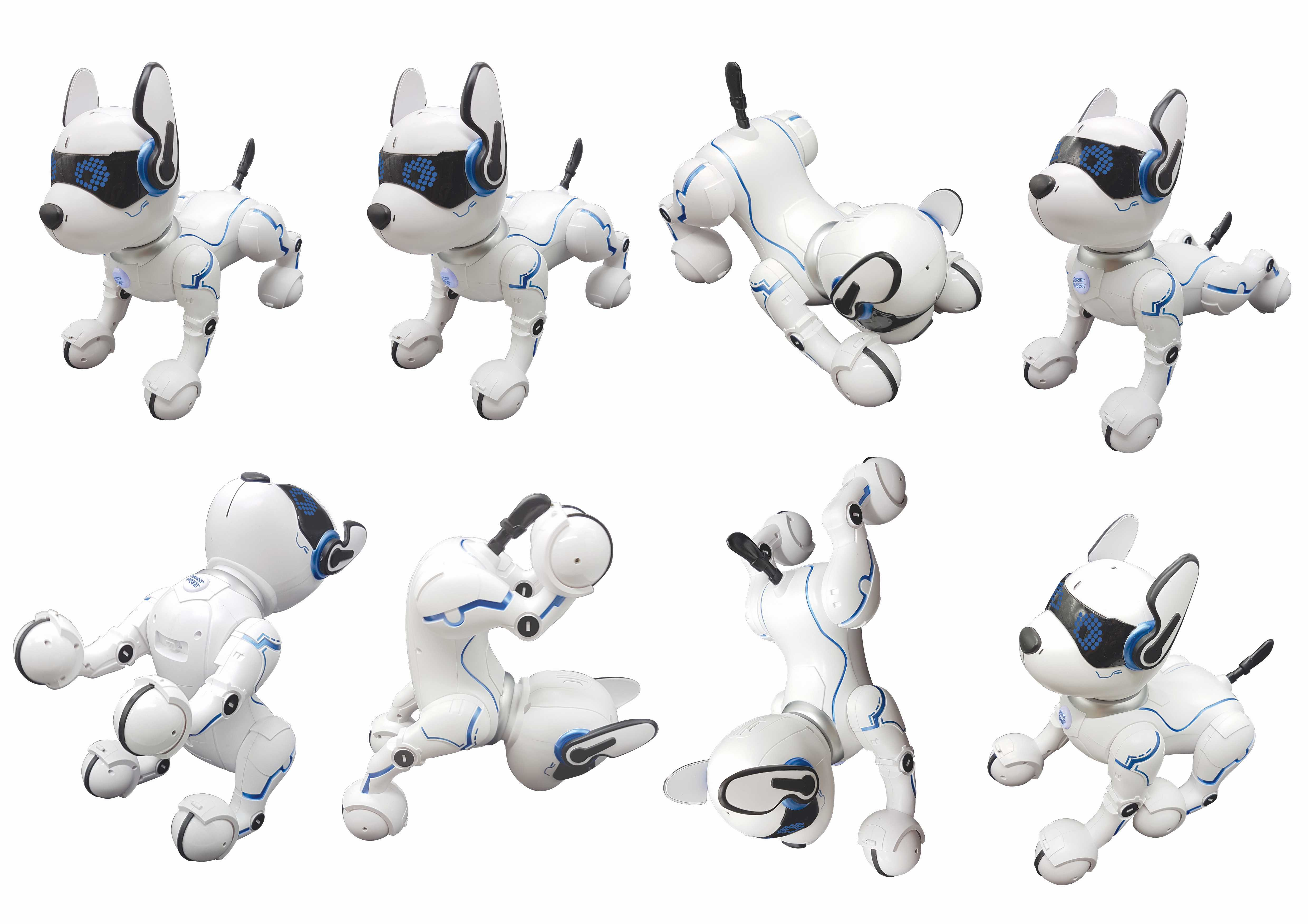 Giocattolo cane robot in varie pose: corpo bianco, dettagli blu e tecnologici.