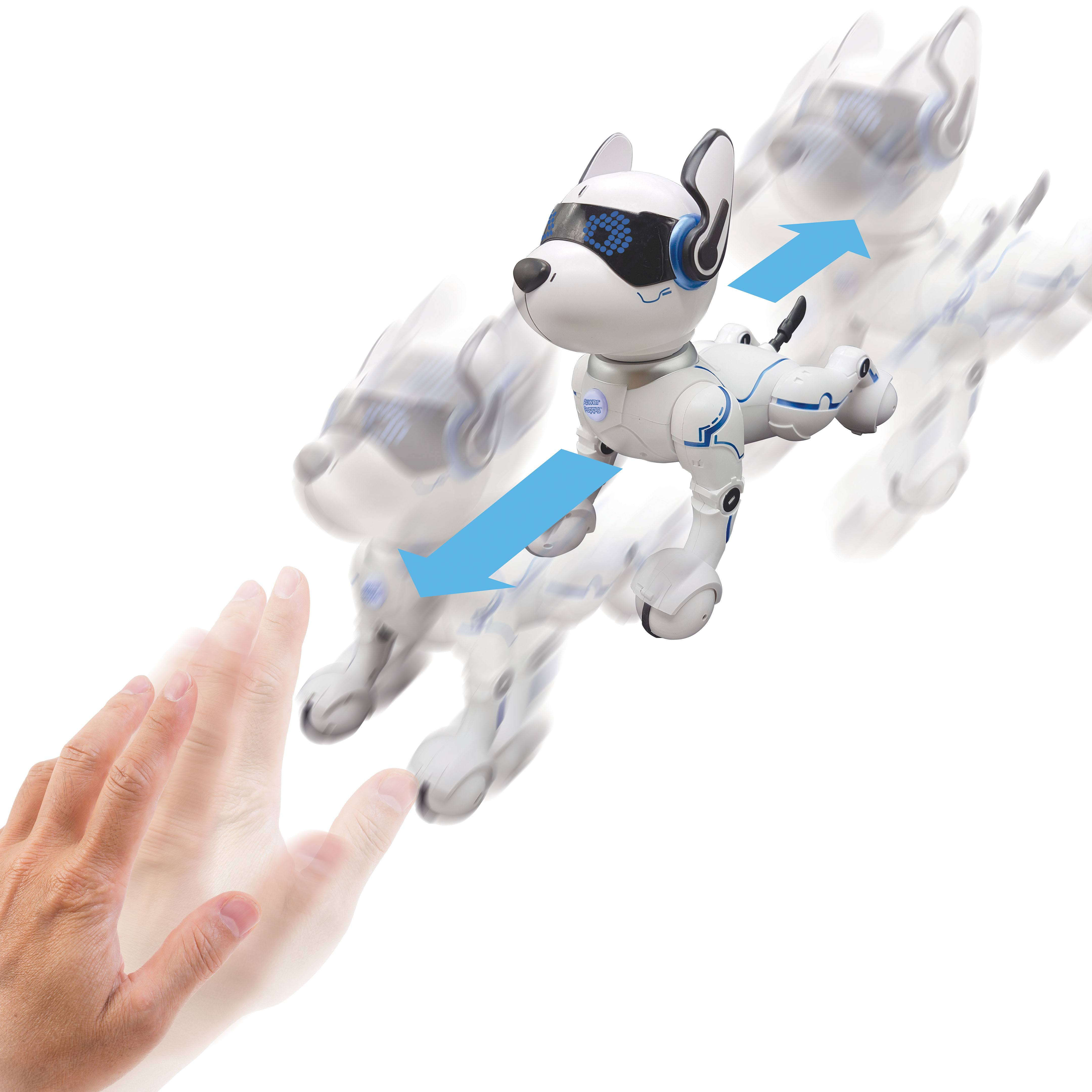 Cane robot, bianco e blu con frecce in movimento e una mano che si allunga.