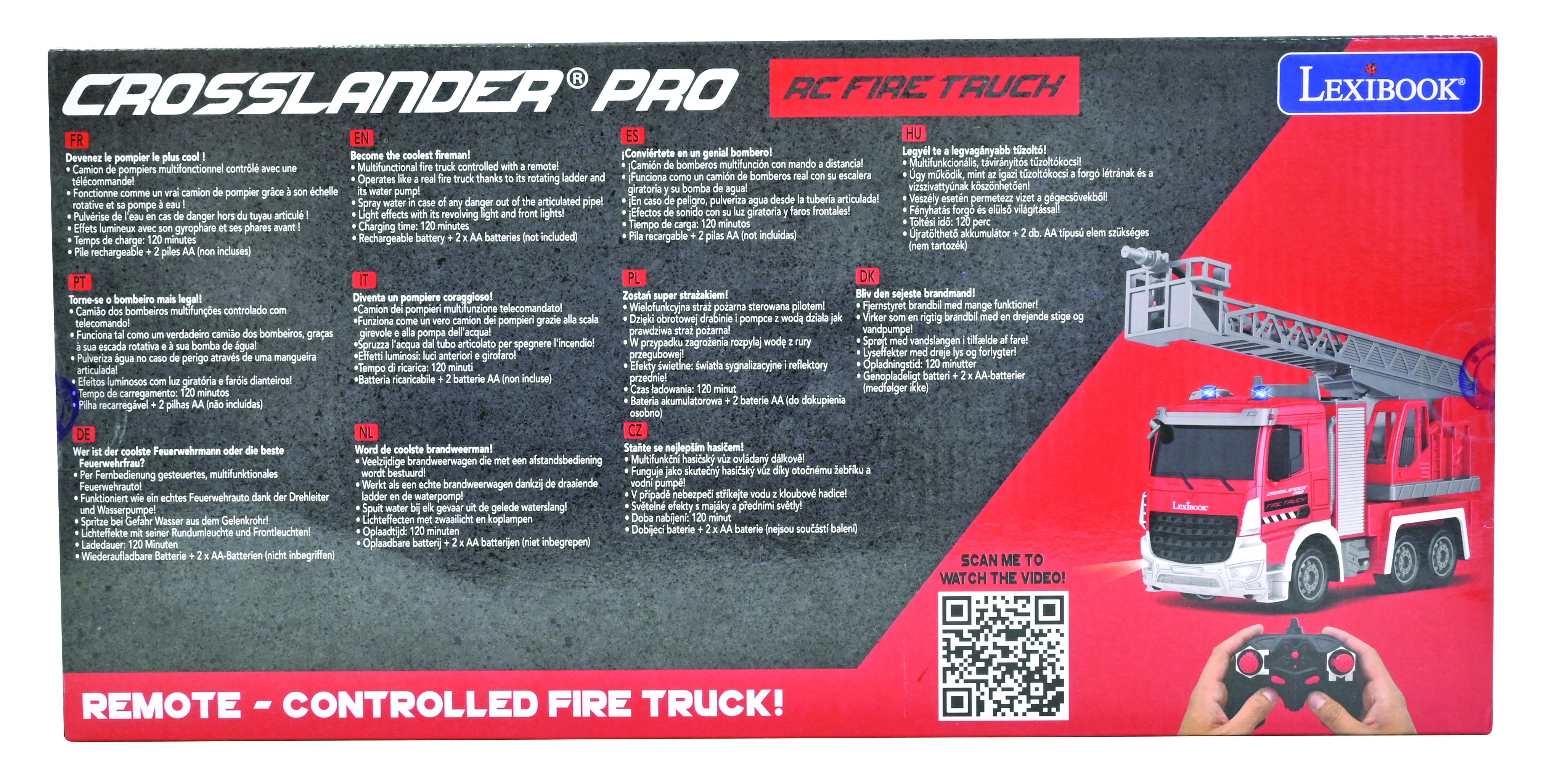 Parte trasera de una caja de camión de bomberos de juguete con texto multilingüe.