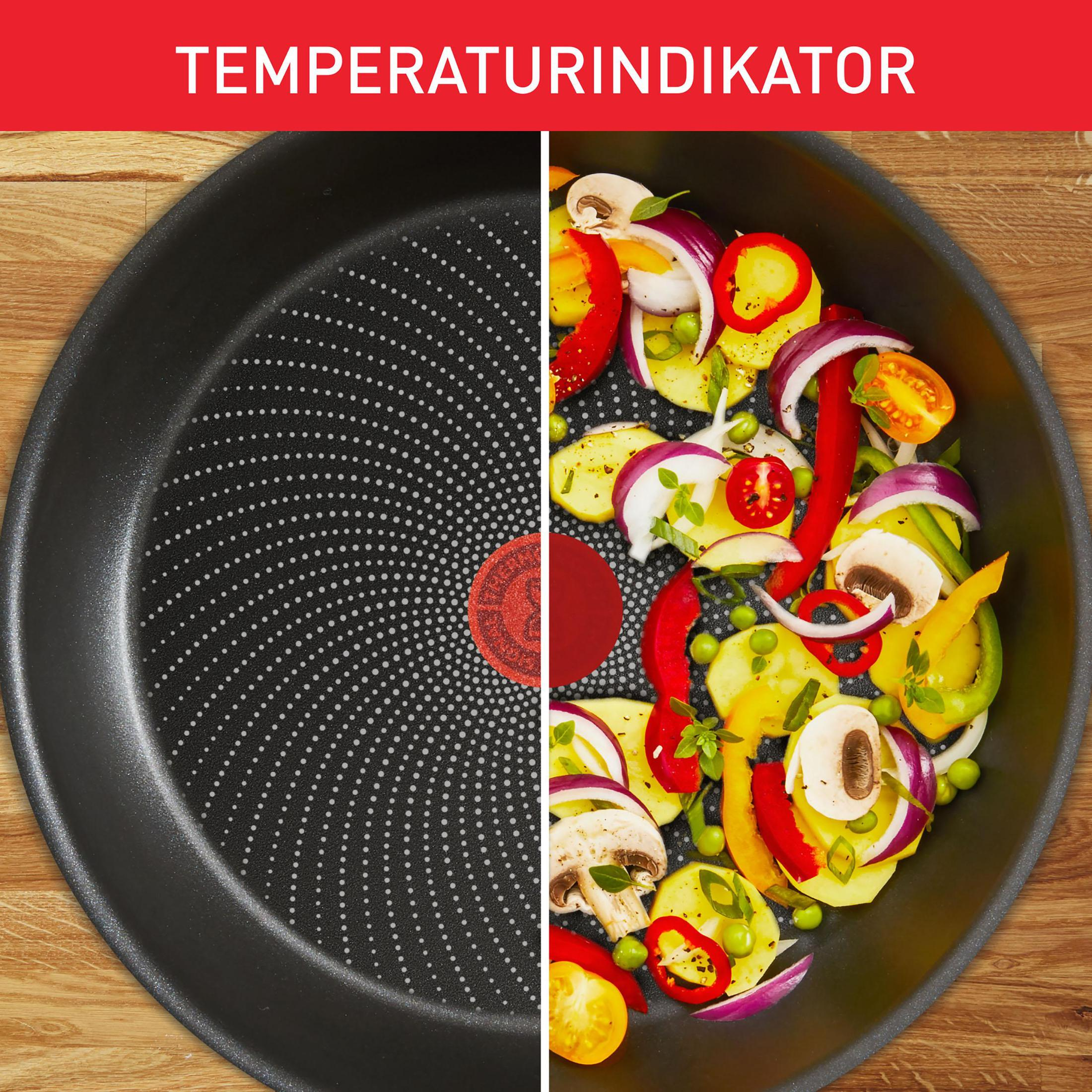 A frying pan with vegetables on the right, and a temperature indicator on the left.