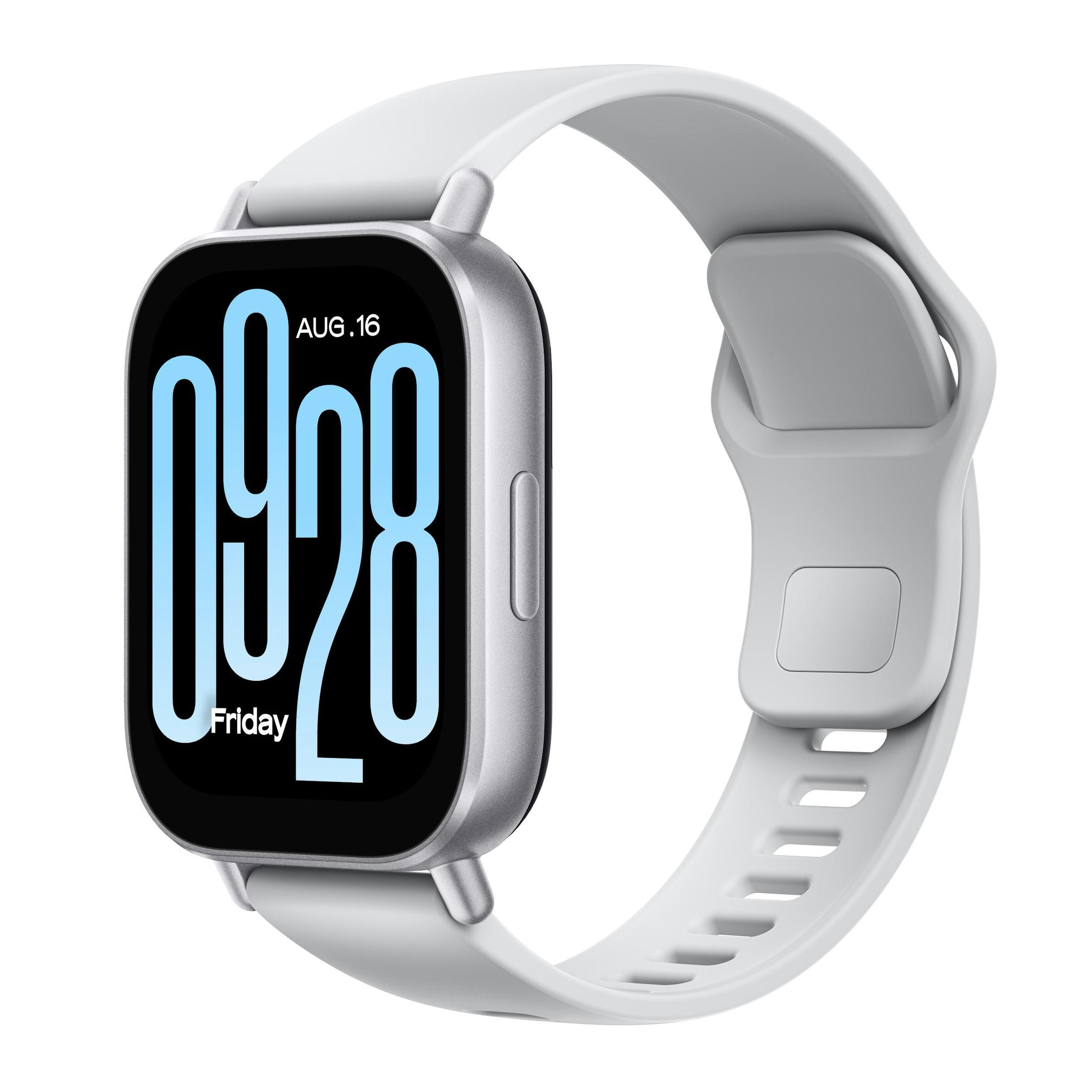 Eine silberne Smartwatch mit grauem Armband. Der Bildschirm zeigt Datum und Uhrzeit, 16. August.