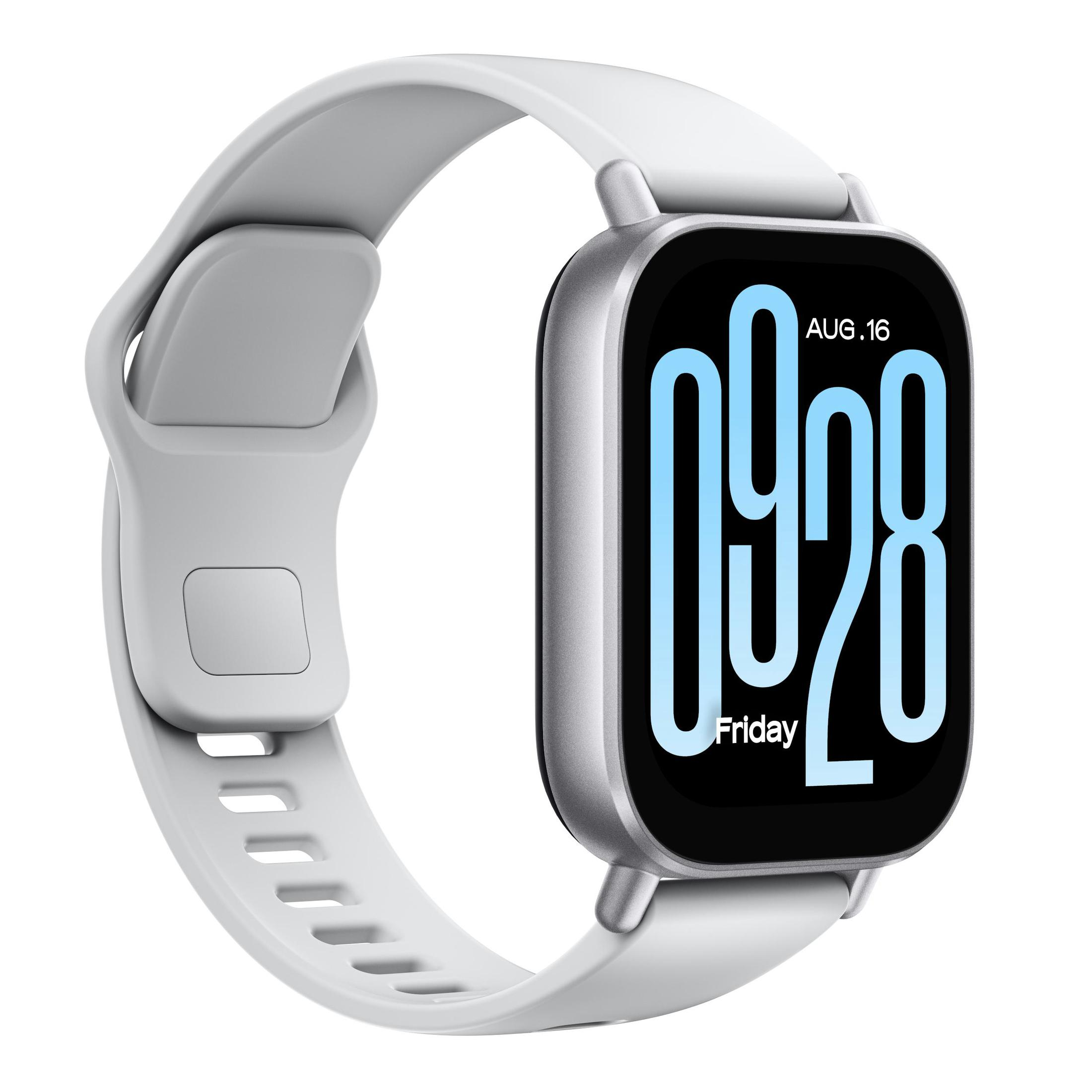 Eine weiße Smartwatch mit grauem Armband, die Datum und Uhrzeit auf dem Bildschirm anzeigt.