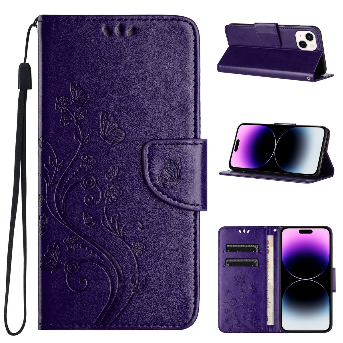 Eine lila Handyhülle mit einem Telefon darin. Die Hülle hat ein Blumenmuster und einen Riemen.