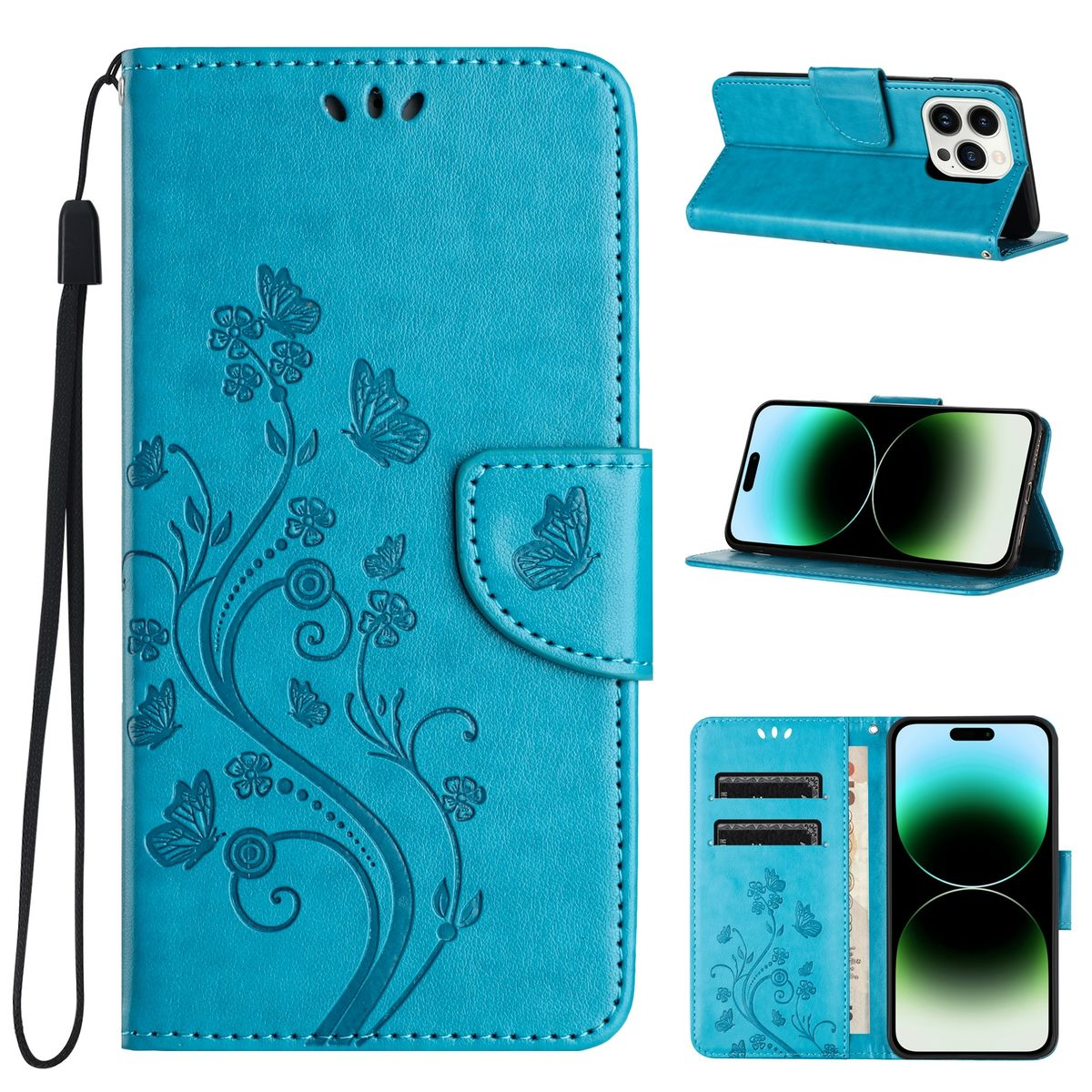 Eine blaue Handyhülle mit Blumendesign und Schmetterlingen, in verschiedenen Ansichten.