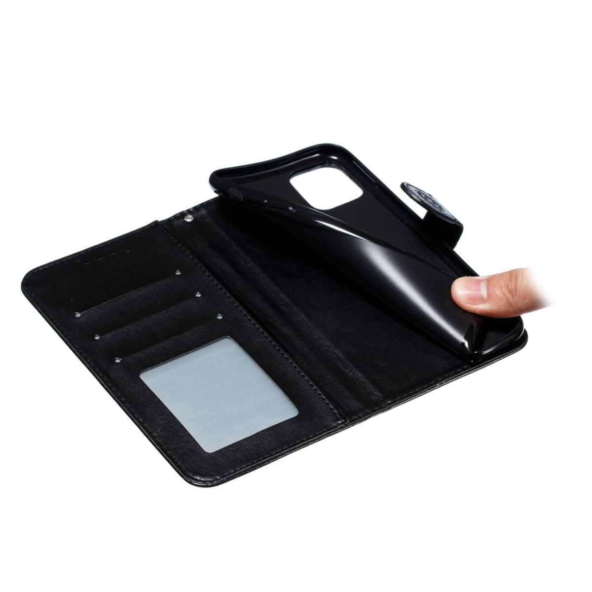 Schwarze Handyhülle im Brieftaschenstil, geöffnet. Innenfächer für Karten und Fenster.