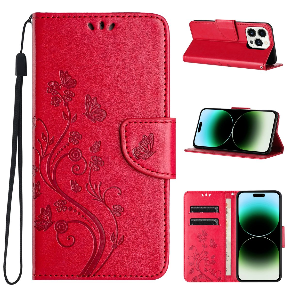 Rote Handyhülle mit Schmetterlingsdesign. Zeigt Vorder-, offene und Telefonansichten.