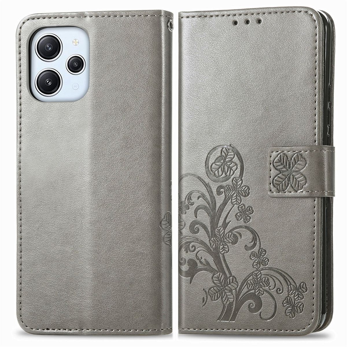 Graue Handyhülle, offen, mit Handy und floralem Design. Die Hülle hat einen Magnetverschluss.