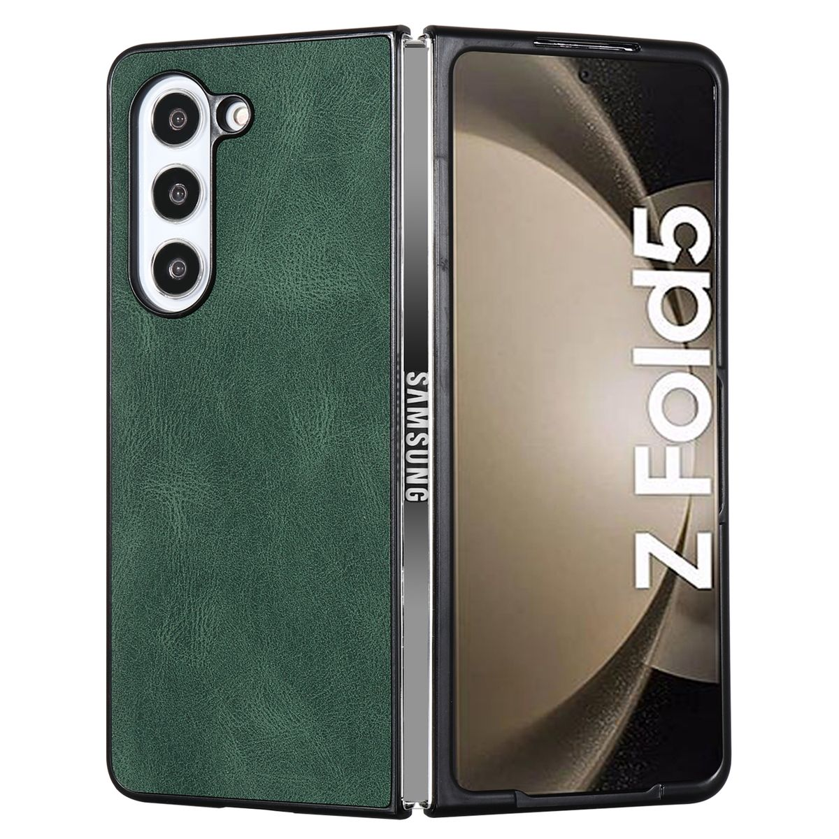 Grüne Leder-Handyhülle für ein Samsung Z Fold5, geöffnet, um das Telefon anzuzeigen.