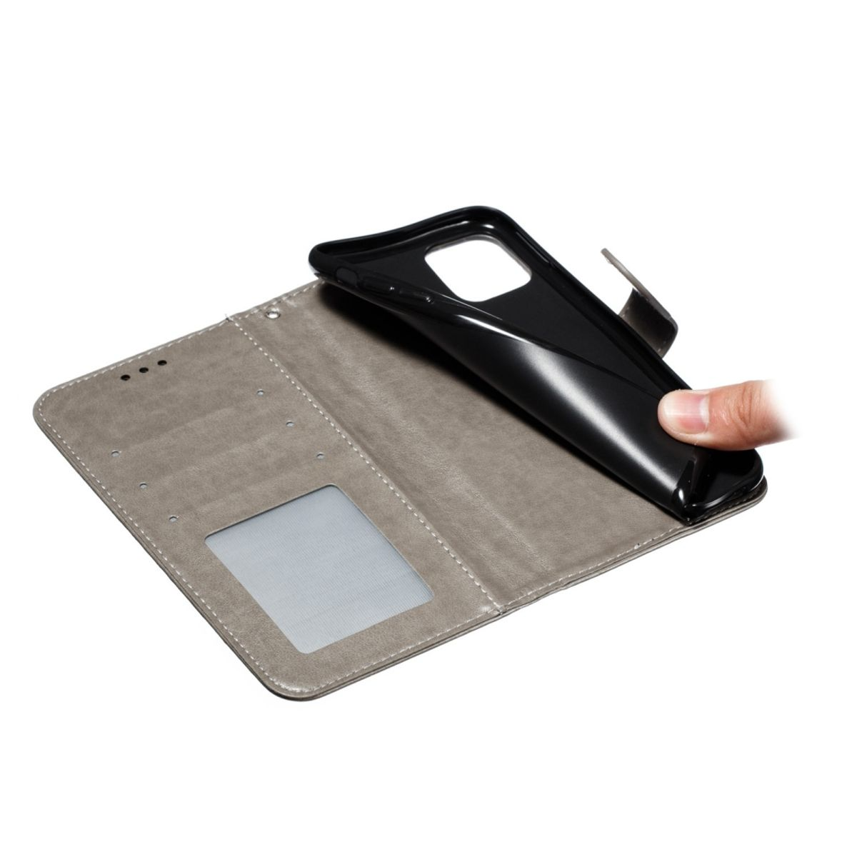 Graues Leder-Wallet-Case mit geöffnetem Handy-Case. Eine Hand legt eine schwarze Handyhülle ein.