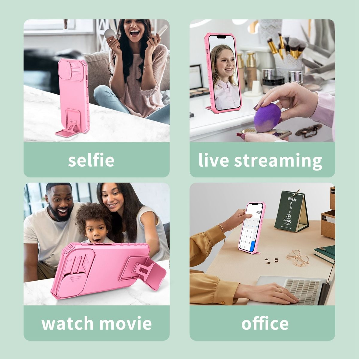Eine Collage, die eine pinke Handyhülle bei Selfies, Live-Streaming, Film schauen und Büroarbeit zeigt.