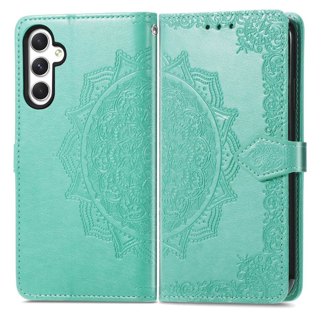 Eine tealfarbene Handyhülle, geöffnet, mit einem Mandala-Design. Die Hülle befindet sich auf weißem Hintergrund.