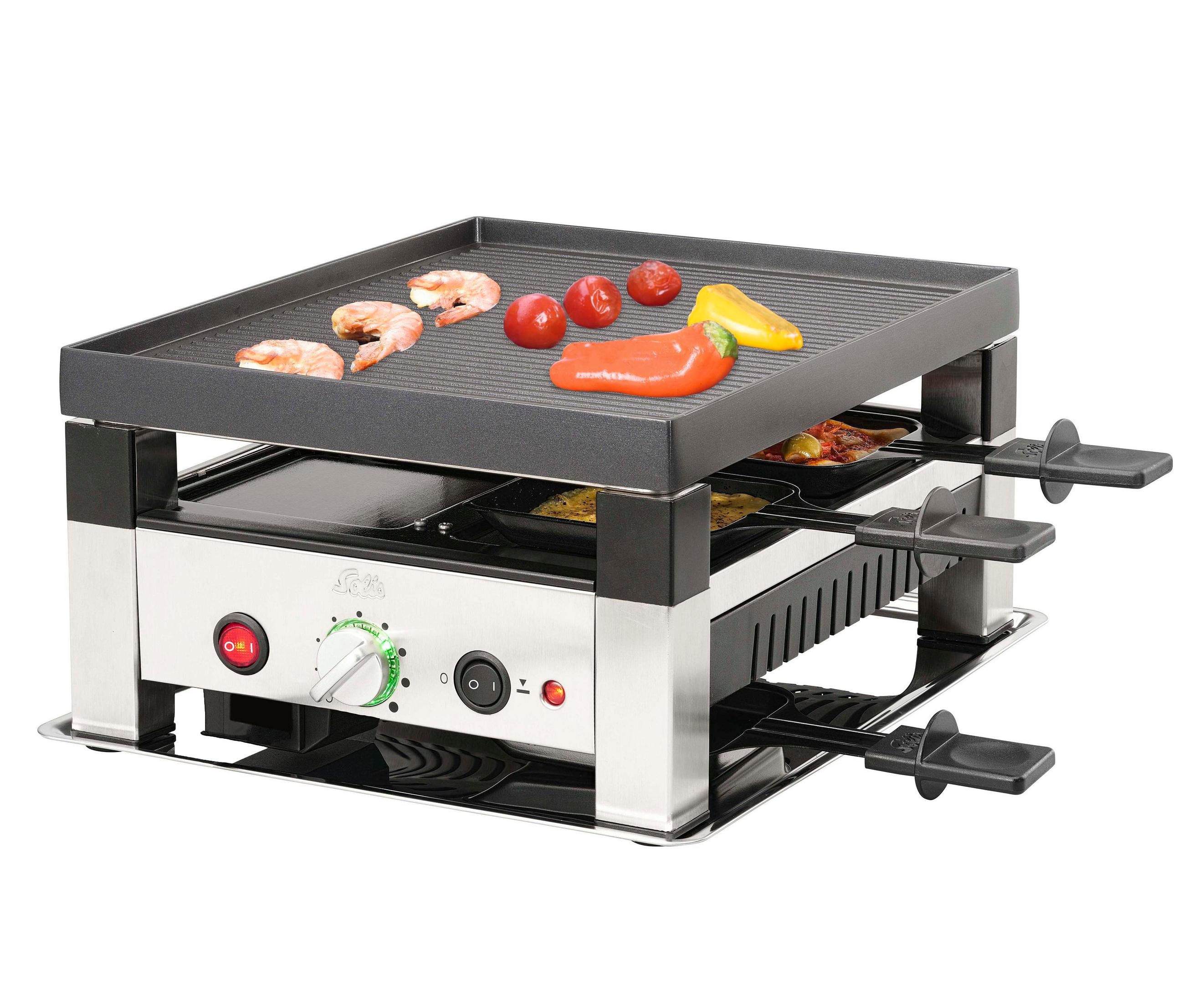 Raclette-Grill mit Kochfläche und Käsepfannen, mit Essen.