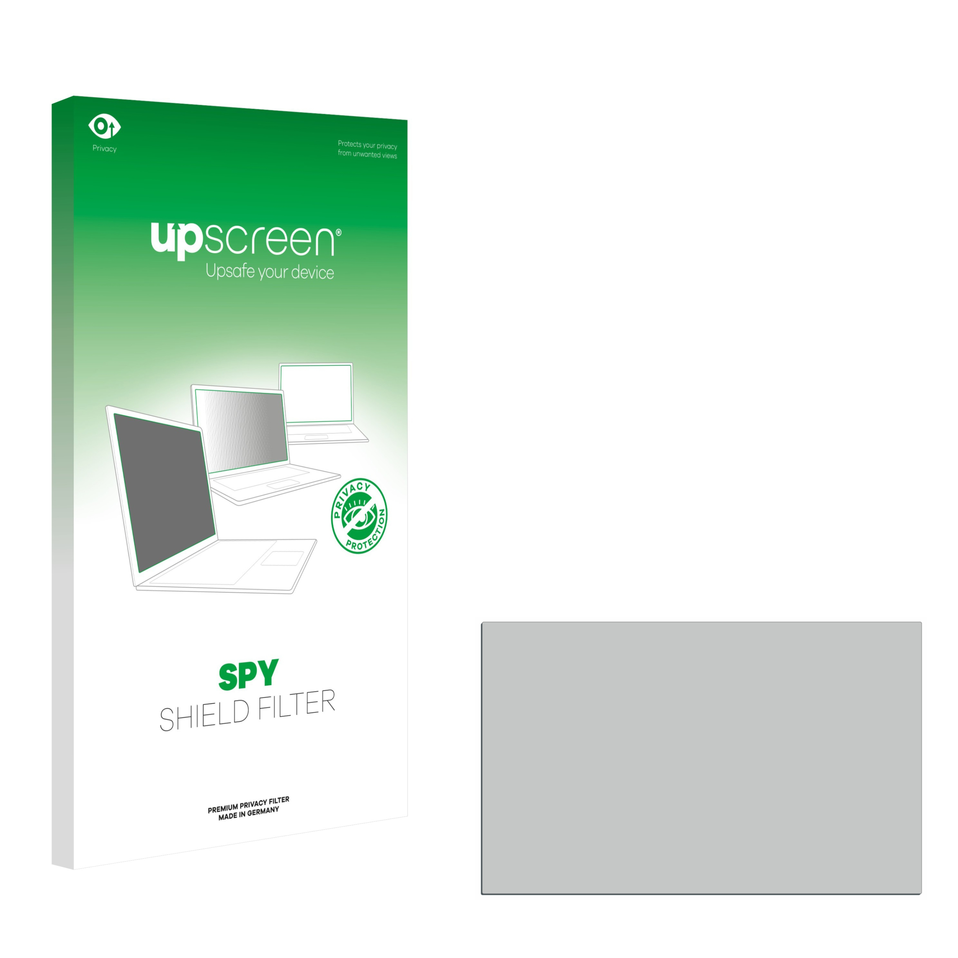 Displayschutzfolienbox und Schutzfolie. Box: Weiß und grün, Laptopgrafiken. Privacy-Shield-Filter-Etikett.