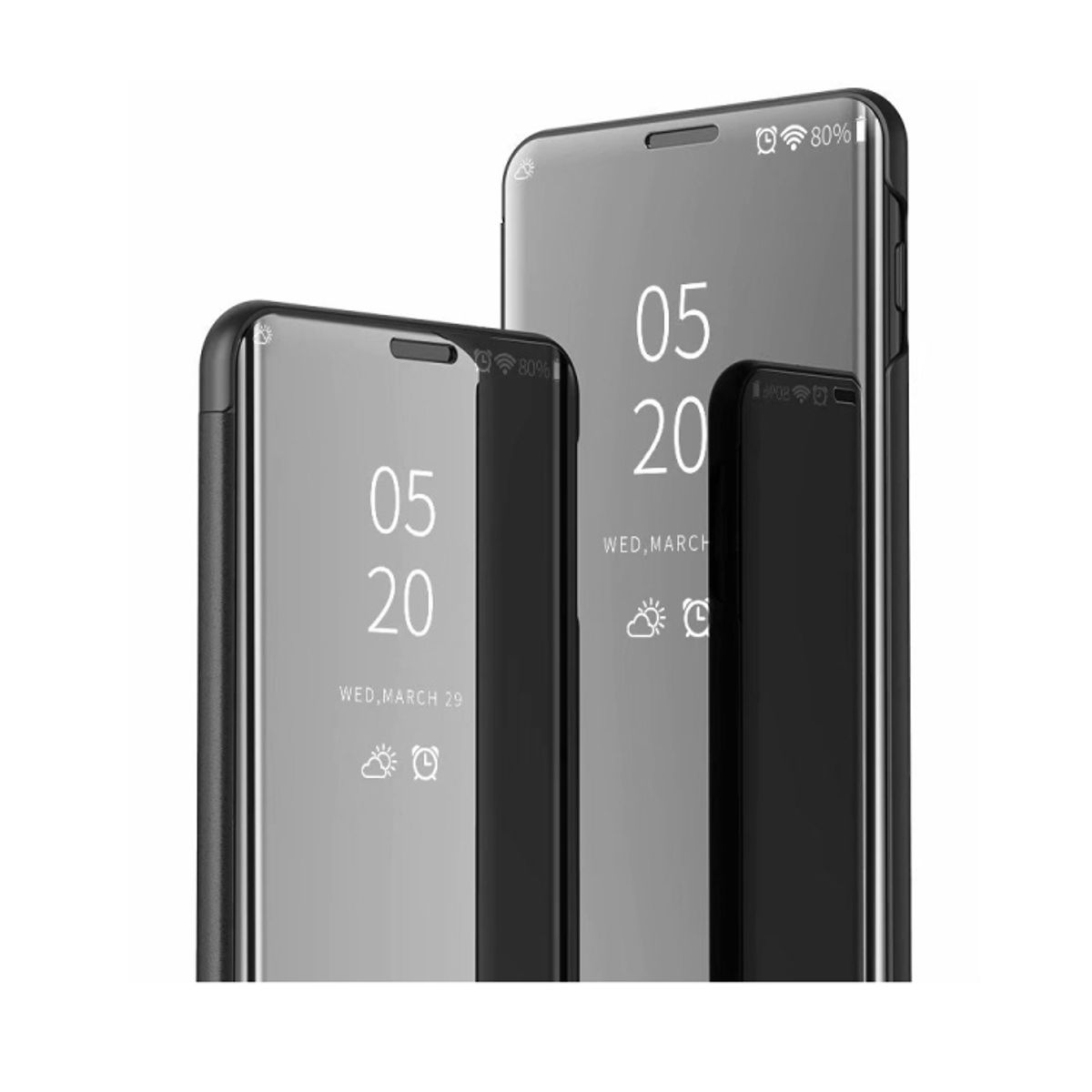 Drei schwarze Smartphone-Hüllen, reflektierende Oberfläche, mit Datumsanzeige. Weißer Hintergrund.