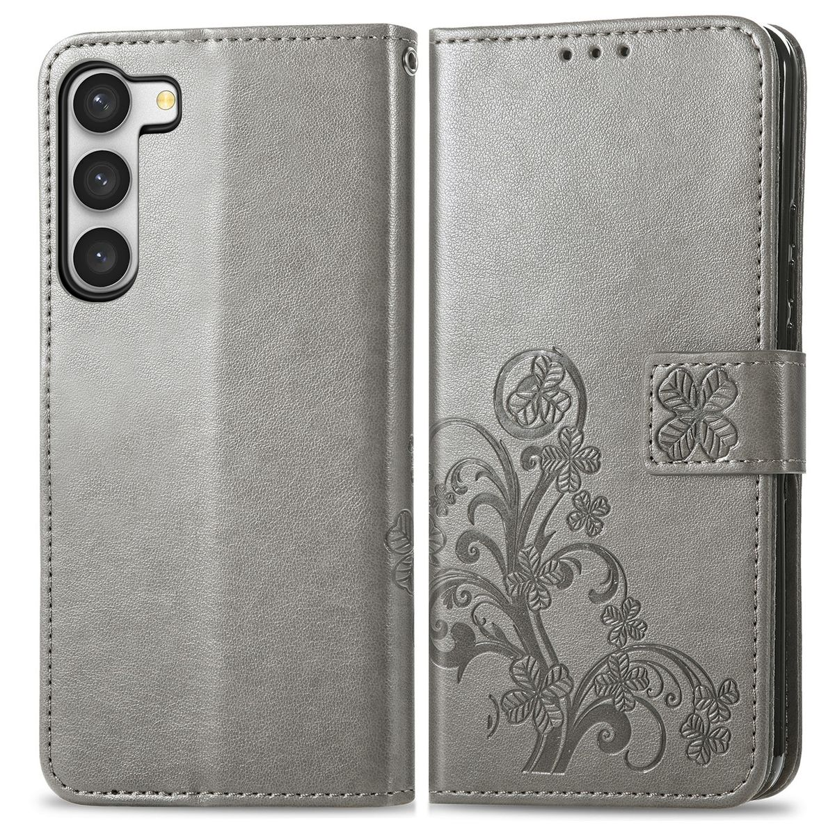 Eine graue Handyhülle, geöffnet, um das Telefon im Inneren zu enthüllen, mit floralem Design auf der rechten Seite.