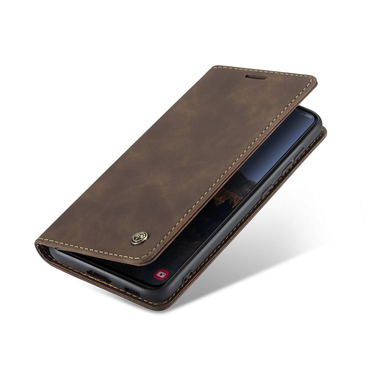 Eine braune Leder-Handyhülle, geöffnet, mit einem Telefon darin.