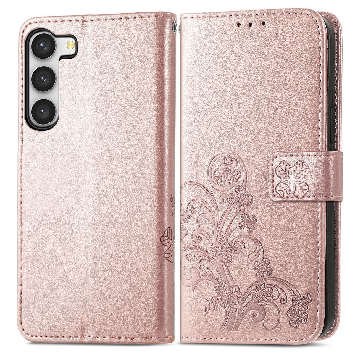 Eine rosafarbene Handyhülle mit floralem Design, offen, zeigt die Fächer.