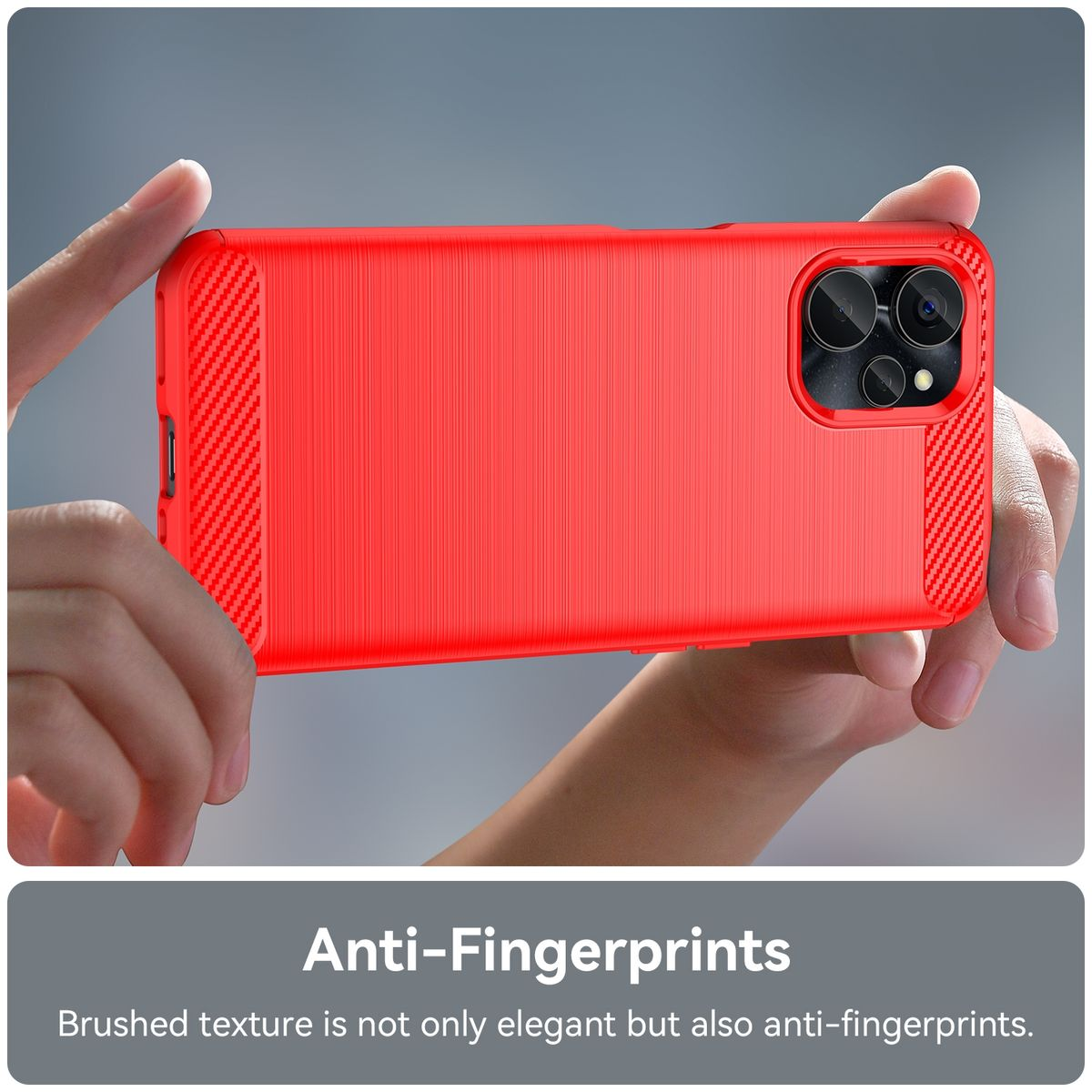 Nahaufnahme einer Person, die eine rote Handyhülle hält, mit Anti-Fingerabdruck-Etikett.