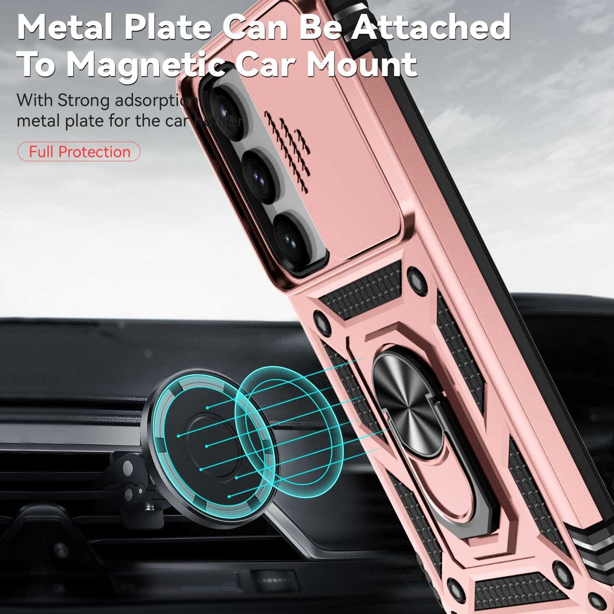 Roségoldfarbene Handyhülle mit magnetischer Autohalterung, zeigt Handy- und Hüllenmerkmale.
