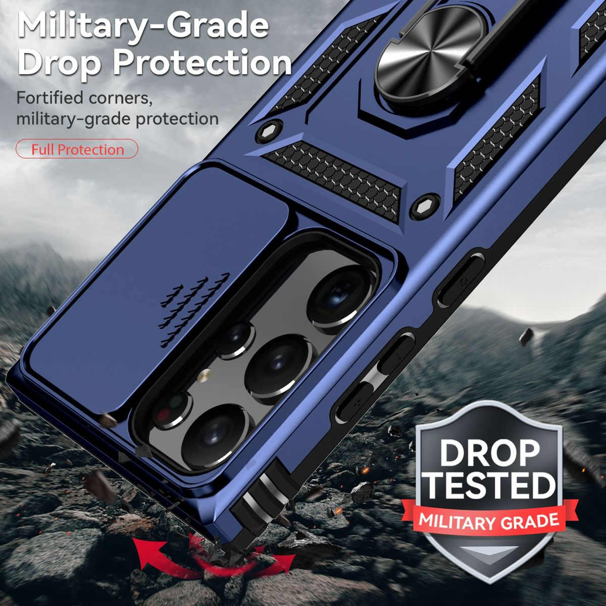 Dunkelblaue Handyhülle mit Ringhalter und Kameraabdeckung. Text: 'MILITARY GRADE'.