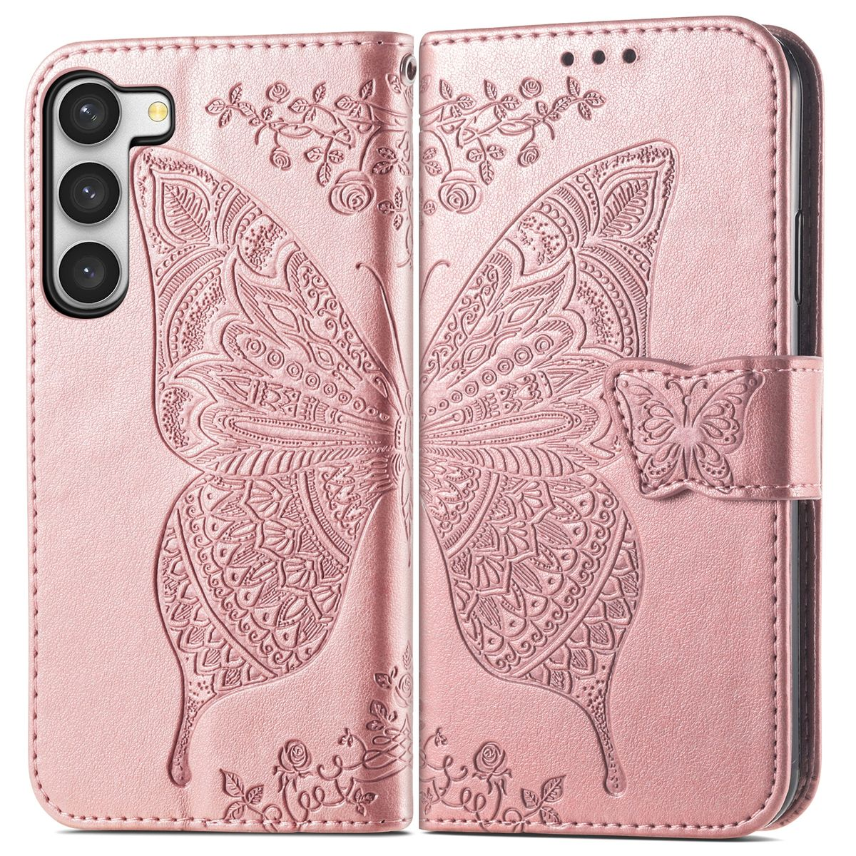 Rosa Leder-Wallet-Case mit Schmetterlingsmuster. Das Case ist geöffnet.
