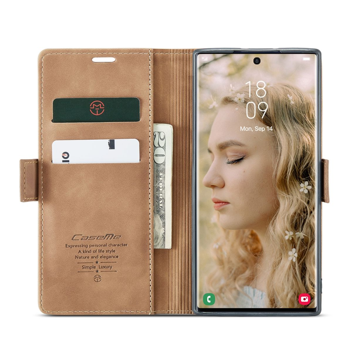 Braune Handyhülle, geöffnet, um ein Telefon mit floralem Hintergrund und einem Frauengesicht zu zeigen. Auch Karten und Geld.