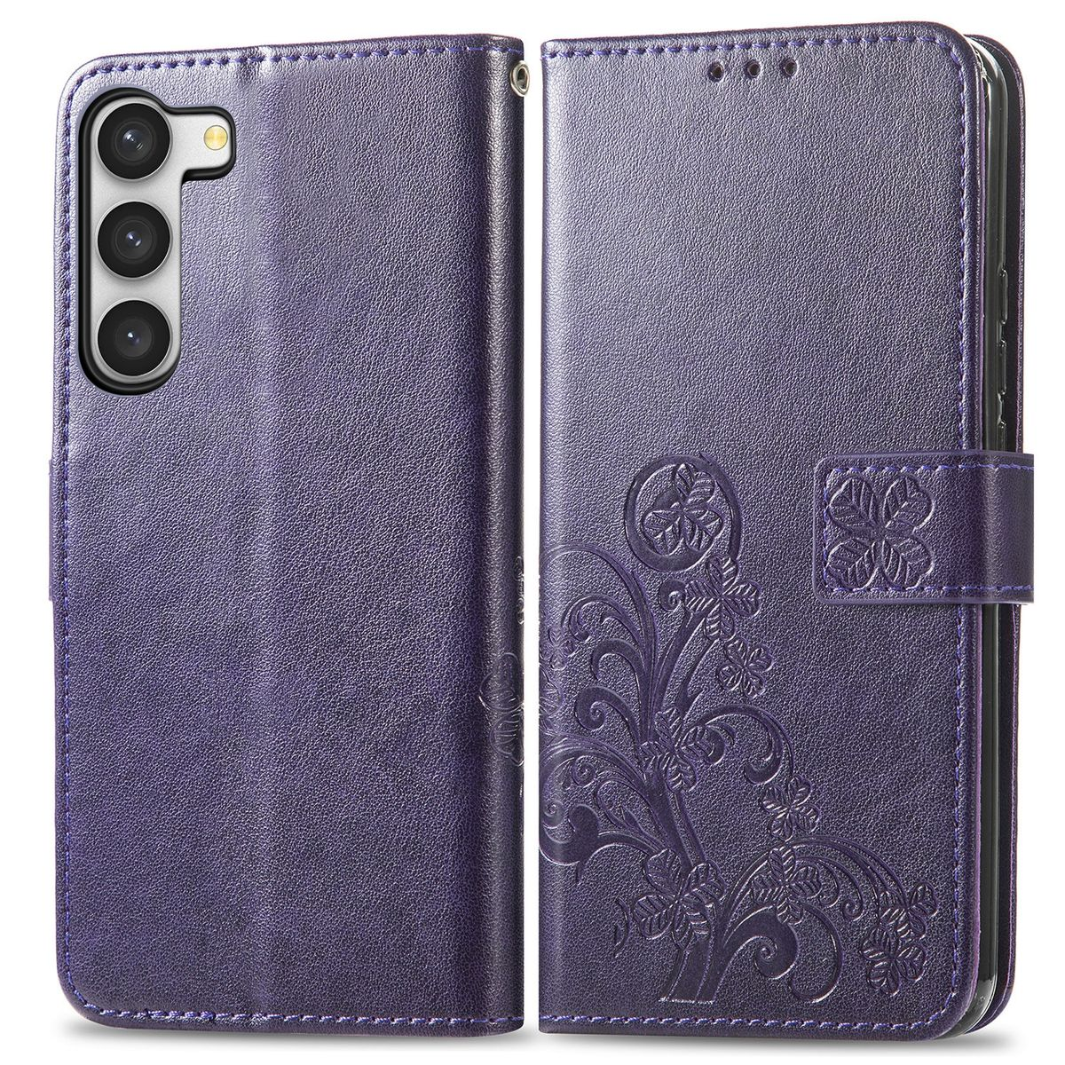 Geöffnete lila Handyhülle mit geprägtem Blumendesign. Das Telefon ist links, die Hülle rechts.