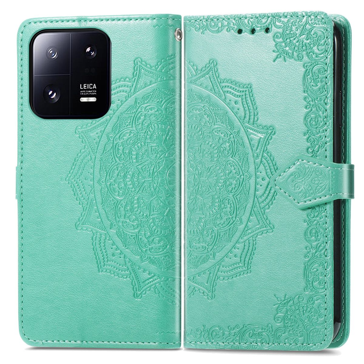 Eine türkisfarbene Leder-Handyhülle geöffnet. Sie hat ein Mandala-Design und einen Riemenverschluss. Das Telefon ist nicht sichtbar.