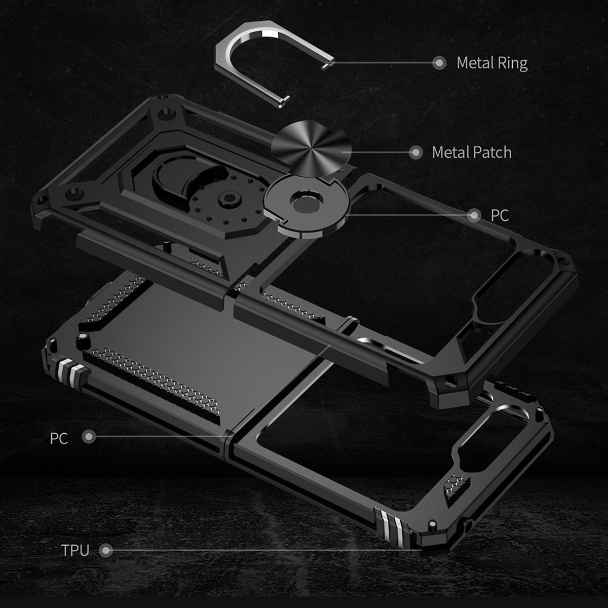 Schwarze Handyhülle zerlegt. Metallring, Metall-Patch, PC und TPU sind beschriftet. Teile sind geschichtet und sichtbar.