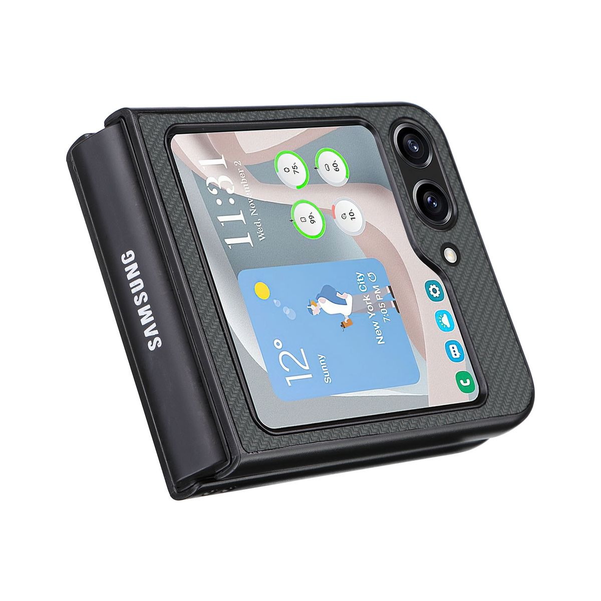 Schwarzes Samsung-Handy in geöffneter Hülle. Bildschirm zeigt Apps, Wetter und Uhrzeit.