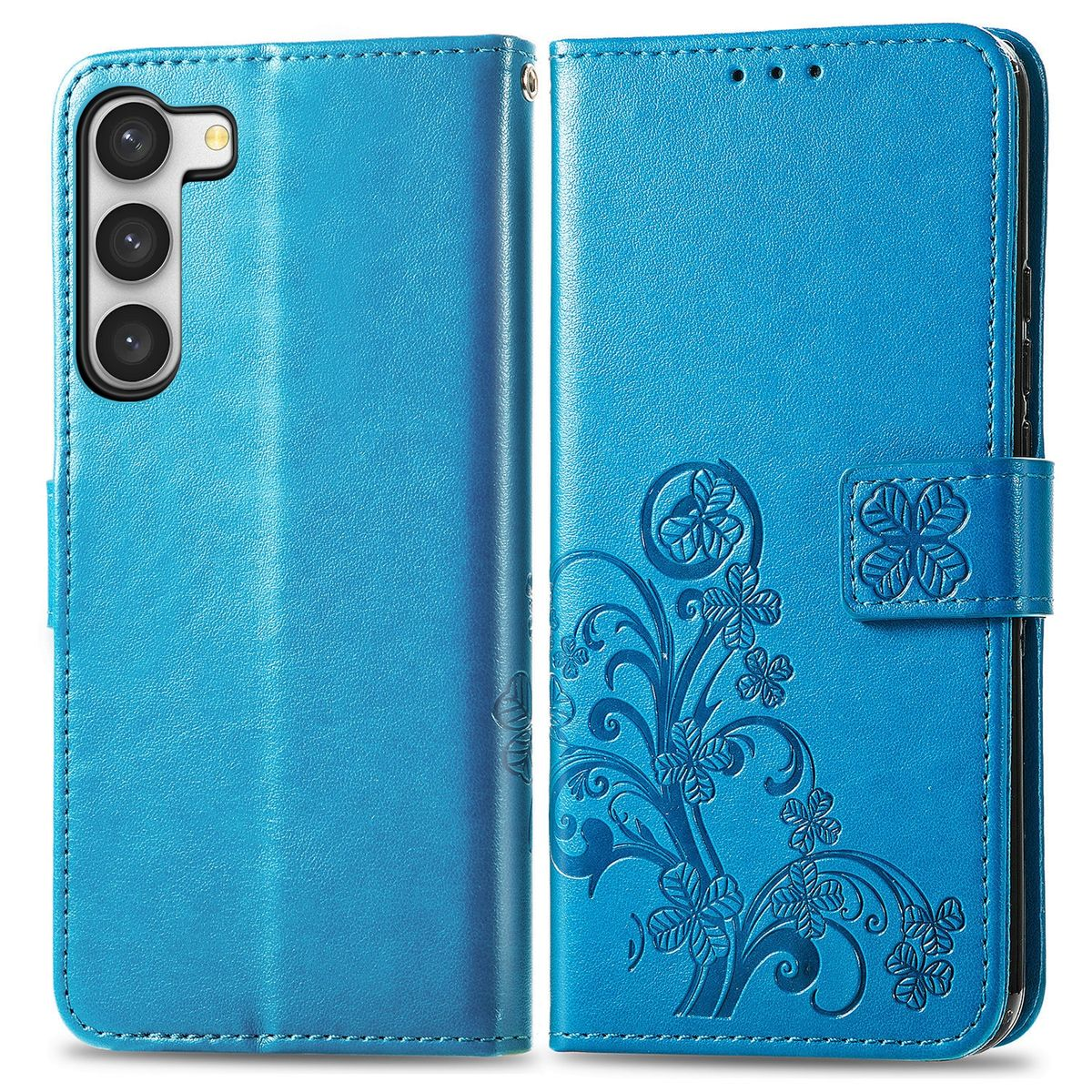 Blaue Handyhülle geöffnet. Vorder- und Rückseite mit Blumendesign und Verschluss. Ein Telefon ist innen.