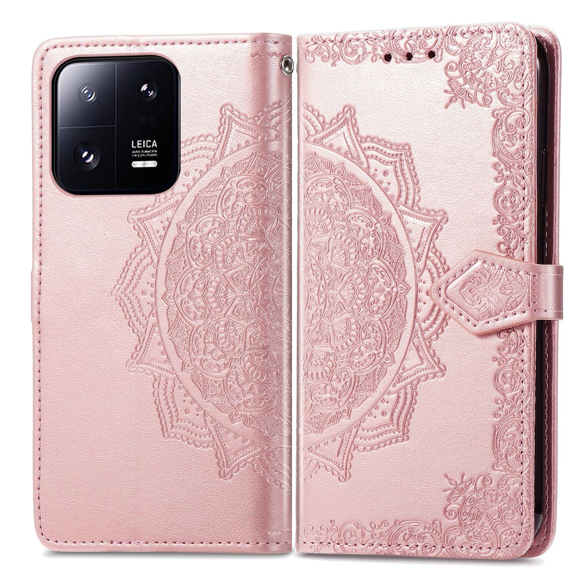 Rosa Handyhülle mit Mandala-Design, geöffnet, zeigt die Kamera des Telefons und das Innere.